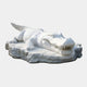 The Crocodile III White Marble Outdoor Sculpture by Giant Sculptures rests on a matching base, showcasing intricate scales, an open mouth with teeth, and a long tail against a plain light gray background.