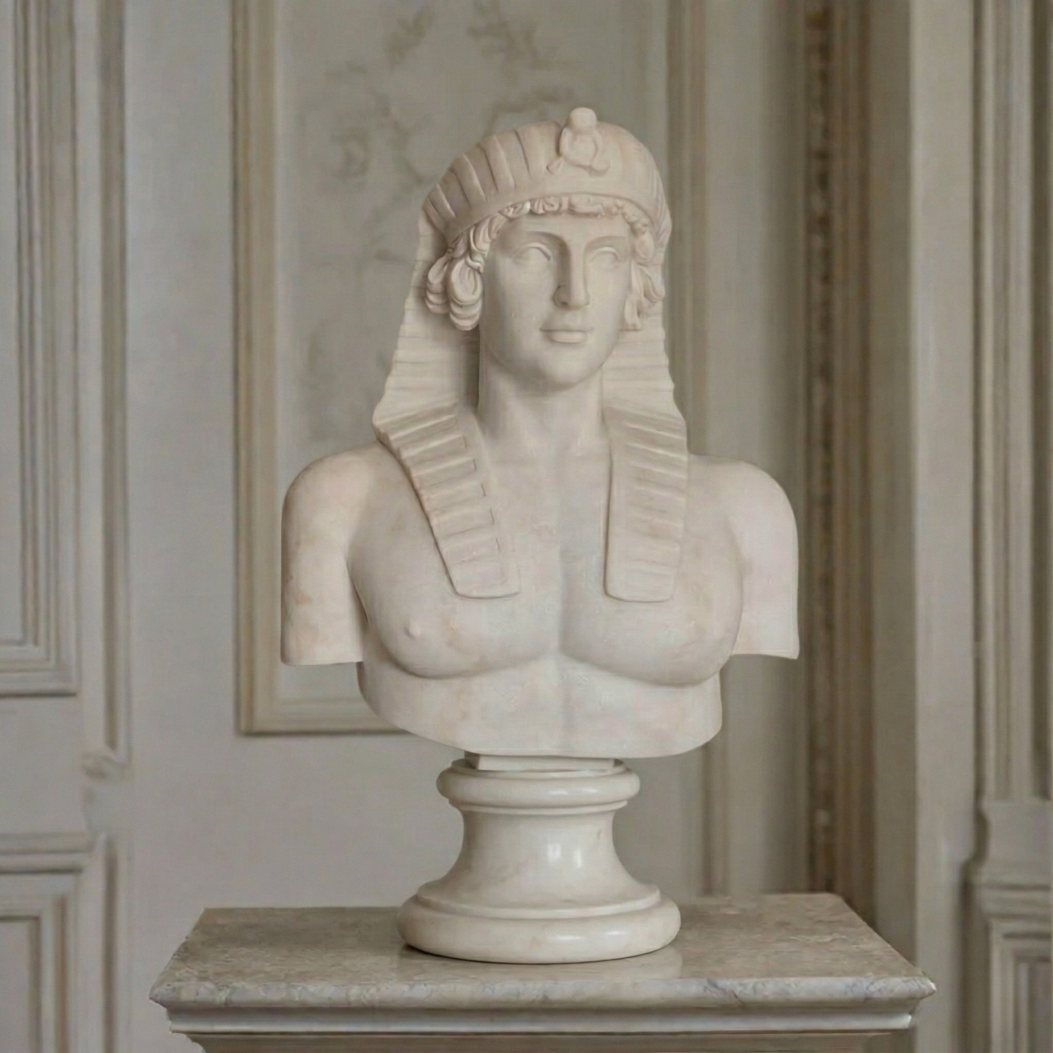 The Egyptian Pharaoh Marble Bust Sculpture - 75cm by Giant Sculptures, featuring an ancient-style headpiece, is showcased on a pedestal against an ornate, light-colored wall with decorative molding.