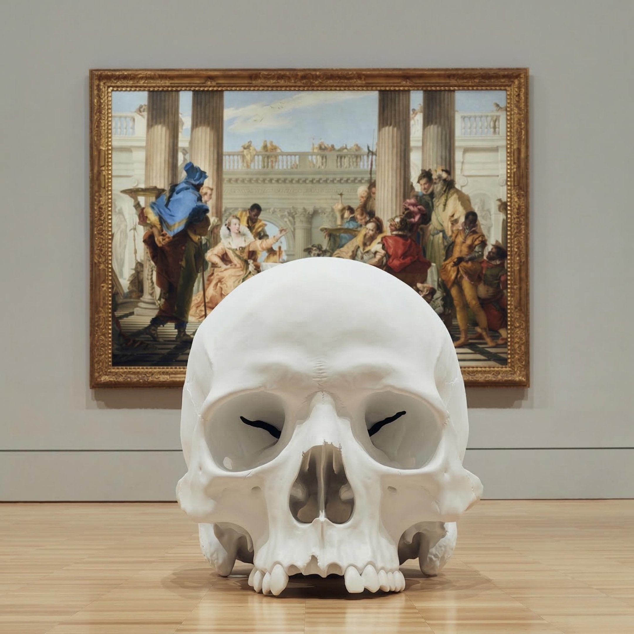 The Marble Skull Marble Sculpture - 25cm by Giant Sculptures stands on a wooden gallery floor before a framed classical painting of figures in an architectural setting, evoking the essence of a memento mori.
