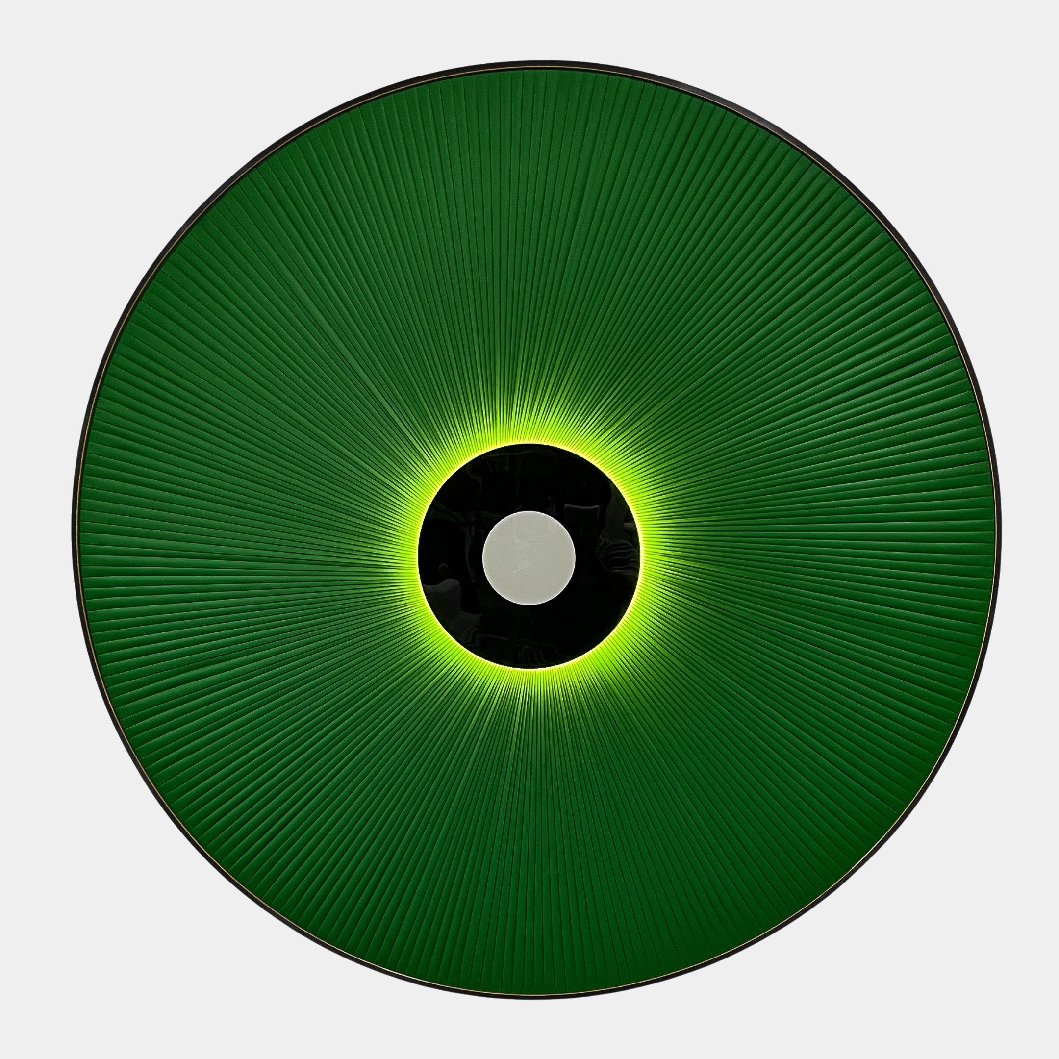 Vanguard Jade Surge Leather 3D LED Wall Art by Giant Sculptures, a circular jade-green leather sunburst with a black-and-white central disc and backlit glow.