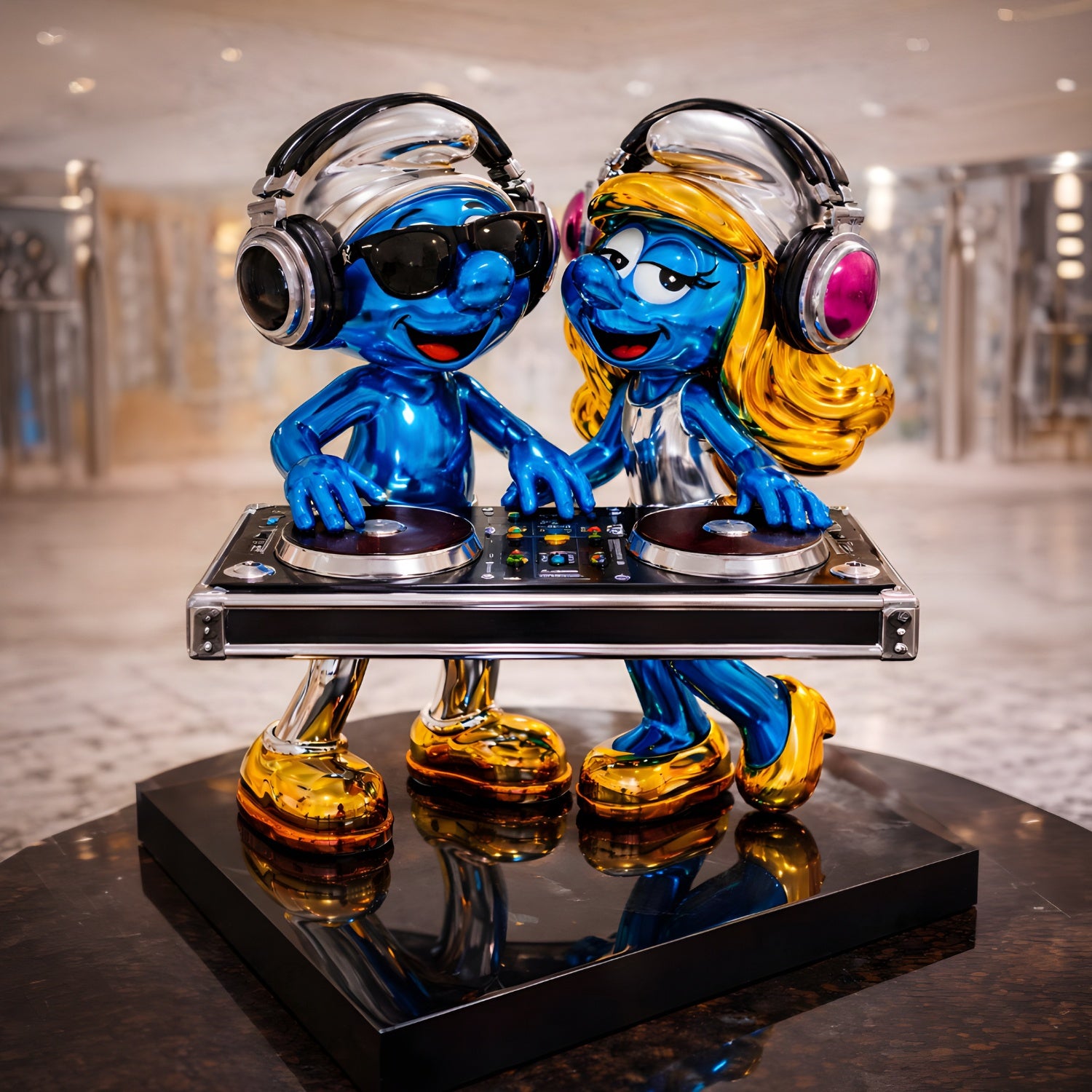 The DJ Smurf Decks Standing Statue (50cm) by Giant Sculptures features two hand-painted Smurfs—one with blue skin, sunglasses, and gold shoes; the other with long blonde hair and gold shoes—spinning tunes at a DJ turntable.