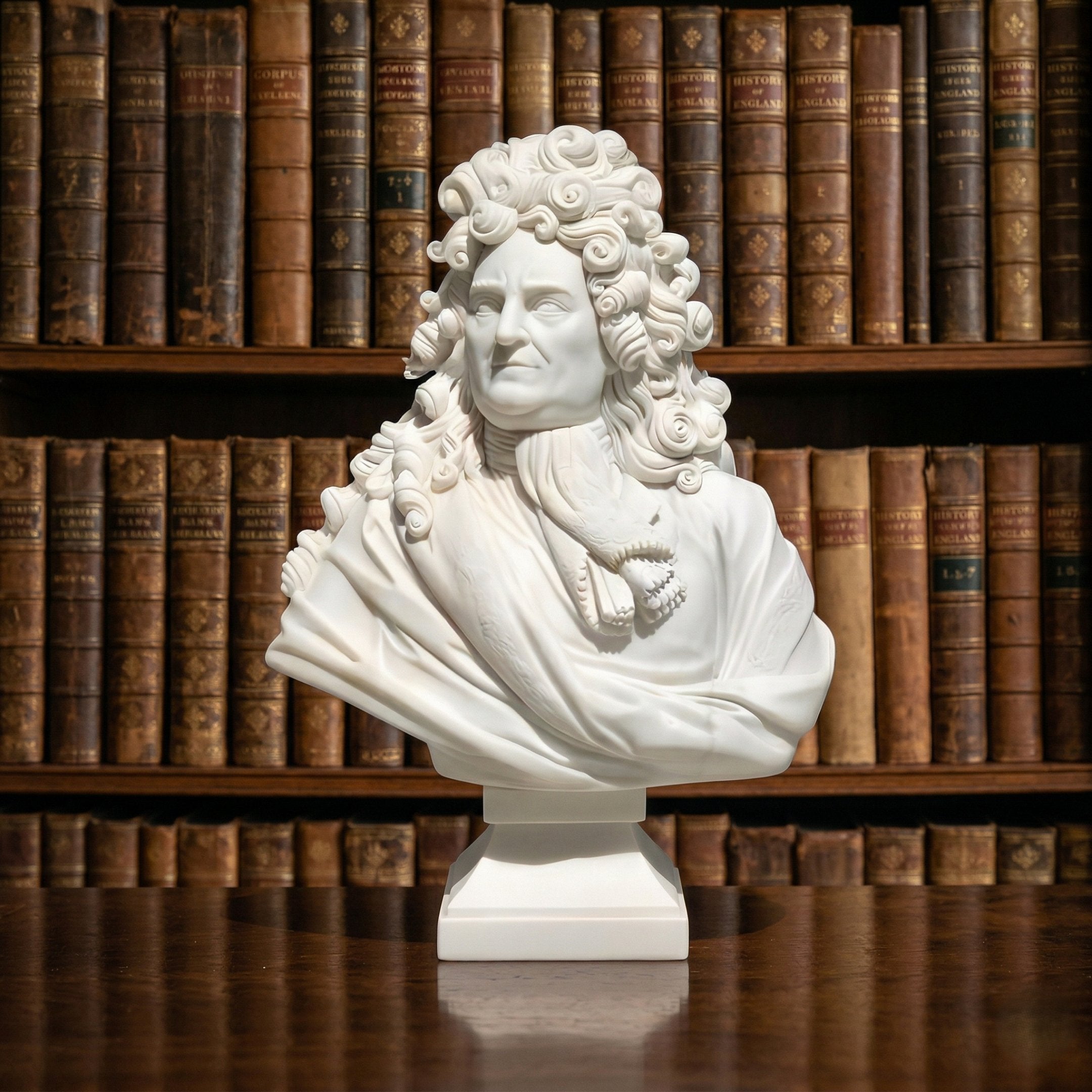 The Baroque Gentleman Marble Bust Sculpture - 90cm by Giant Sculptures, featuring curly hair and draped attire in white marble, is displayed on a wooden table before shelves of antique books.