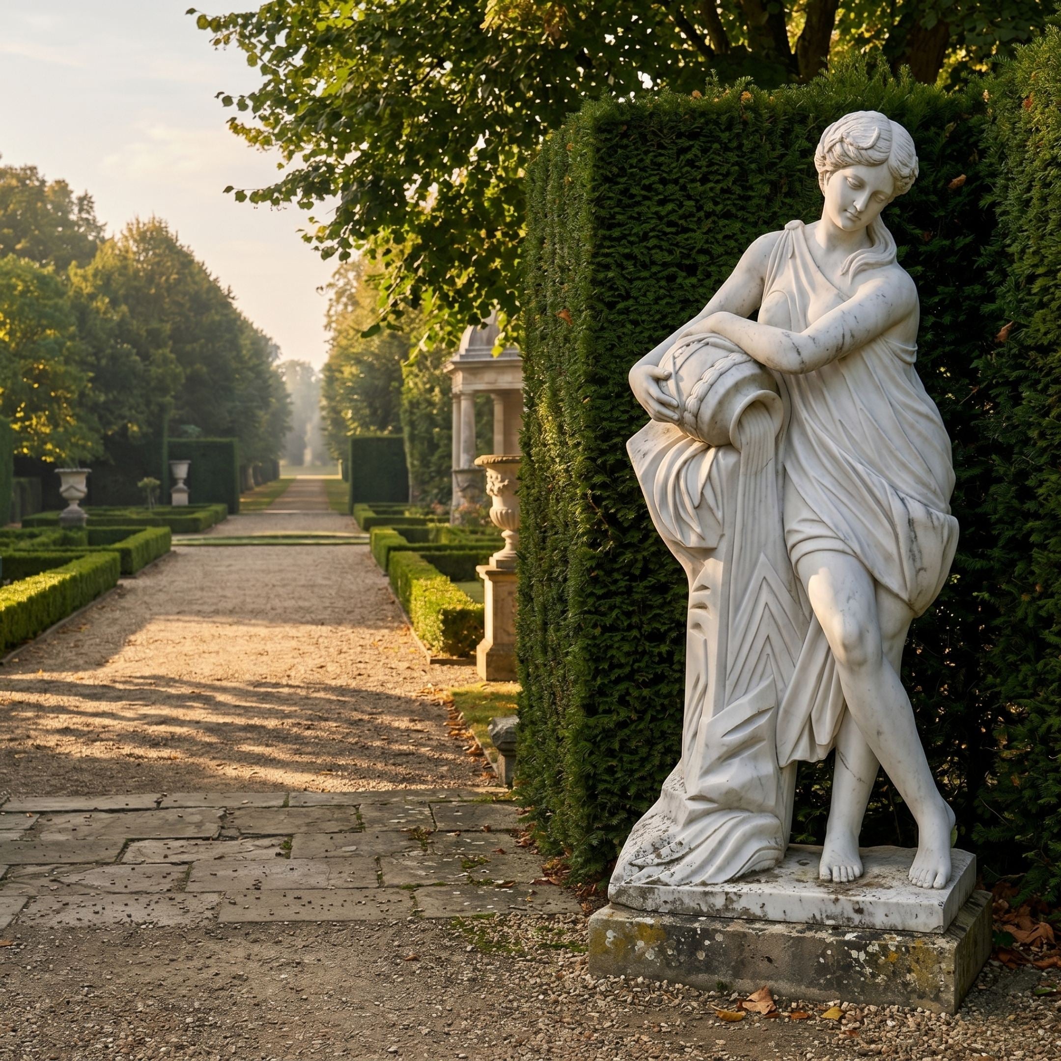 White marble sculpture of a draped female figure holding a vessel, displayed beside a tall hedge along a gravel path in a formal garden with topiary and urns.
