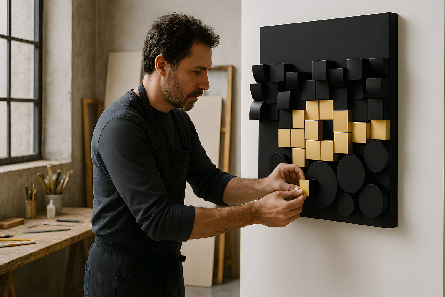 A man in a dark outfit arranges yellow and black geometric shapes on a modern art panel mounted on a wall in a bright, artist’s studio with large windows and wooden work tables.