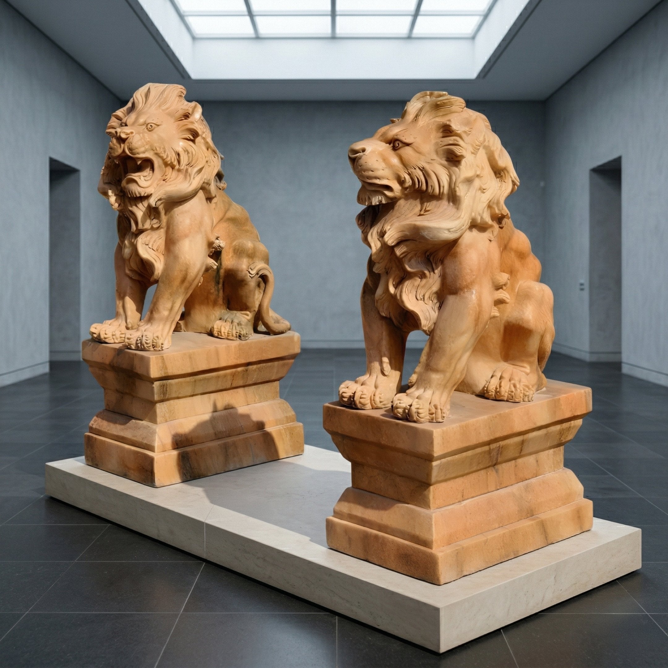 Two impressive Giant Lion Yellow Marble Outdoor Sculptures (120cm) by Giant Sculptures sit on rectangular pedestals in a modern, well-lit gallery—an inspiring and contemporary interpretation of classic entrance decor.