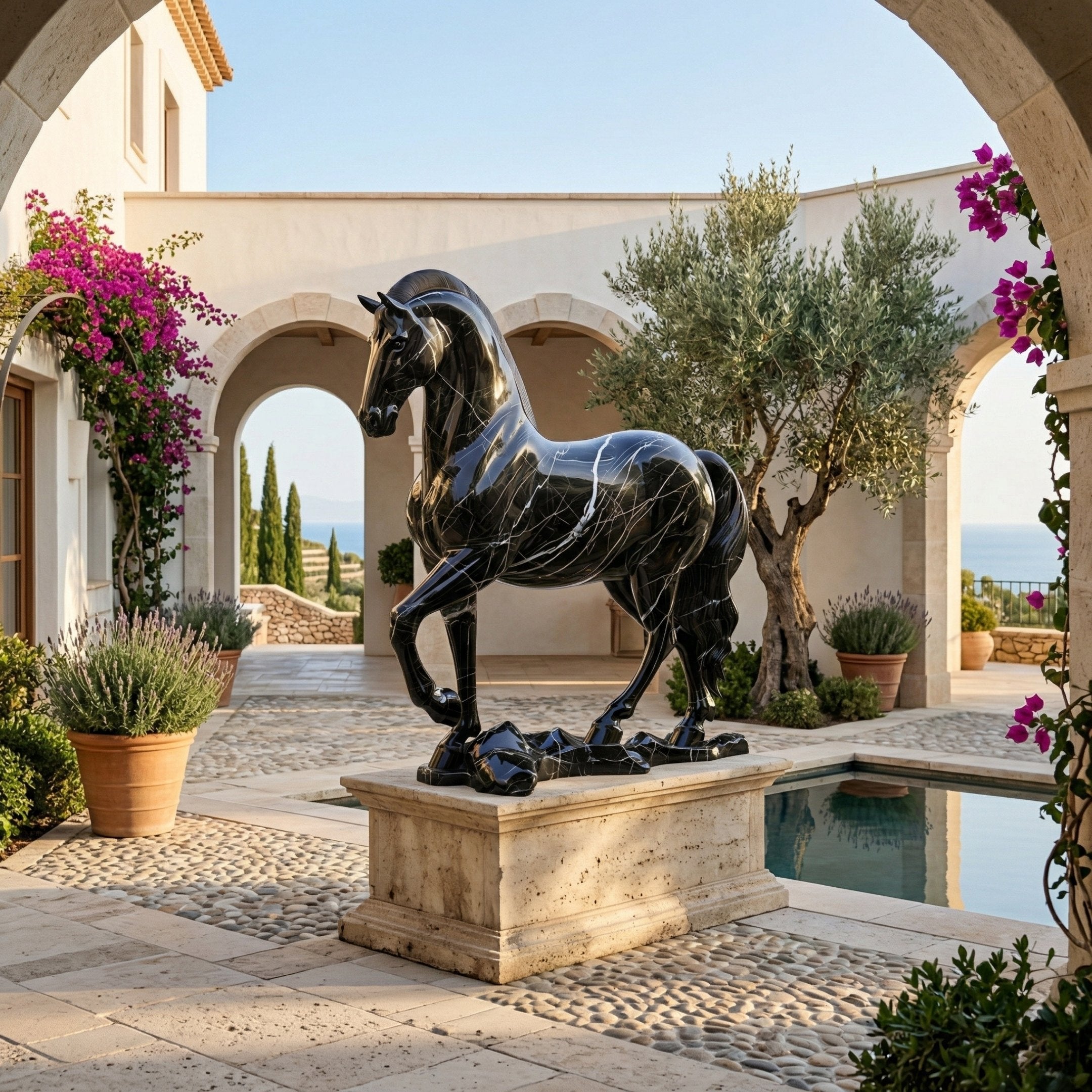 The Graceful Horse Black Marble Outdoor Sculpture by Giant Sculptures (220cm) stands on a stone pedestal in a Mediterranean courtyard with potted plants, arched walkways, and a small pool, overlooking the distant sea.