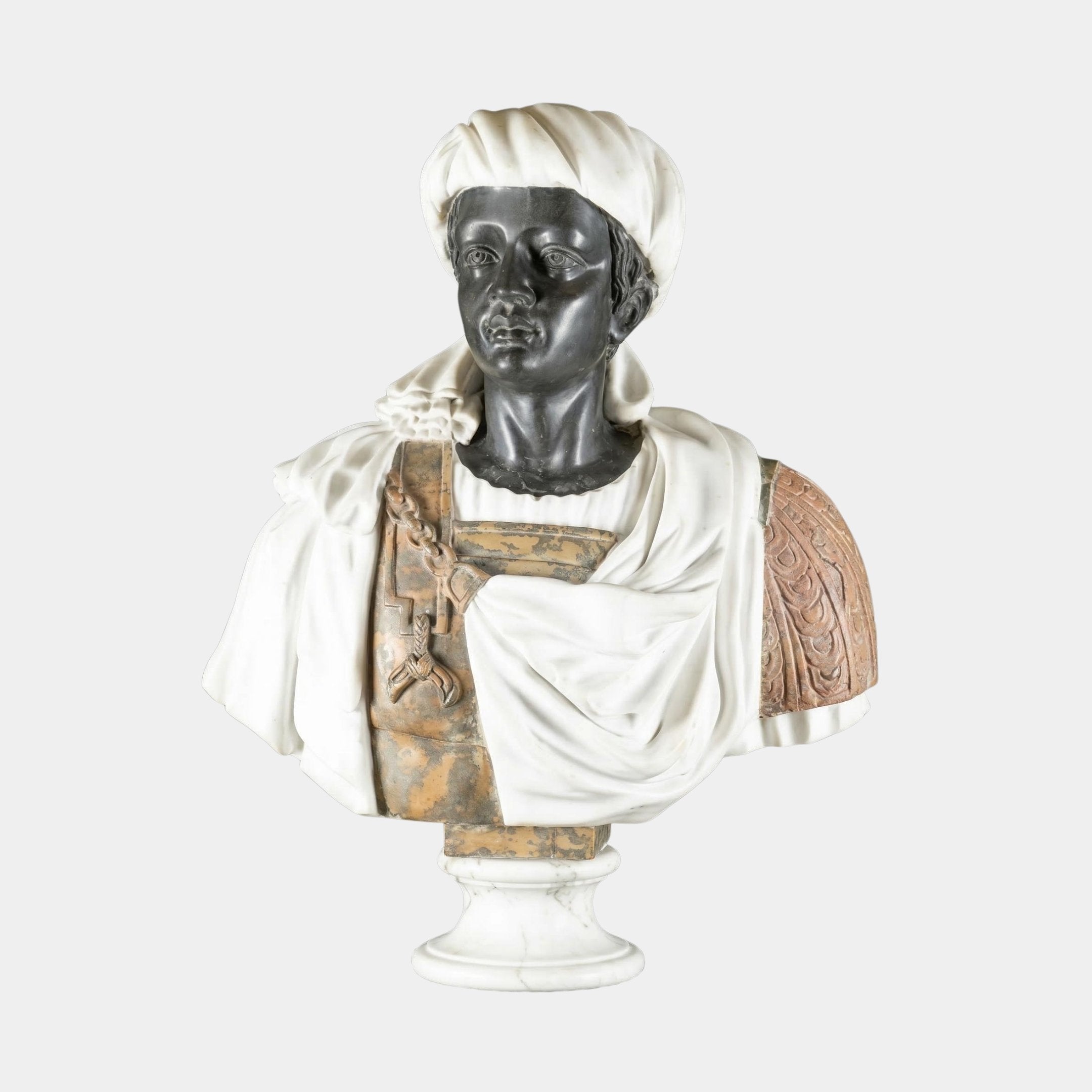 The Moorish Turban Marble Bust Sculpture - 75cm by Giant Sculptures features a man in a turban and draped garment with ornate shoulder armor, crafted in Baroque style, set against a plain background.