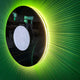 Close-up side view of the Vanguard Jade Surge Leather 3D LED Wall Art showing jade-green leather rays radiating from a black disc with white centre and warm LED backlight glow.