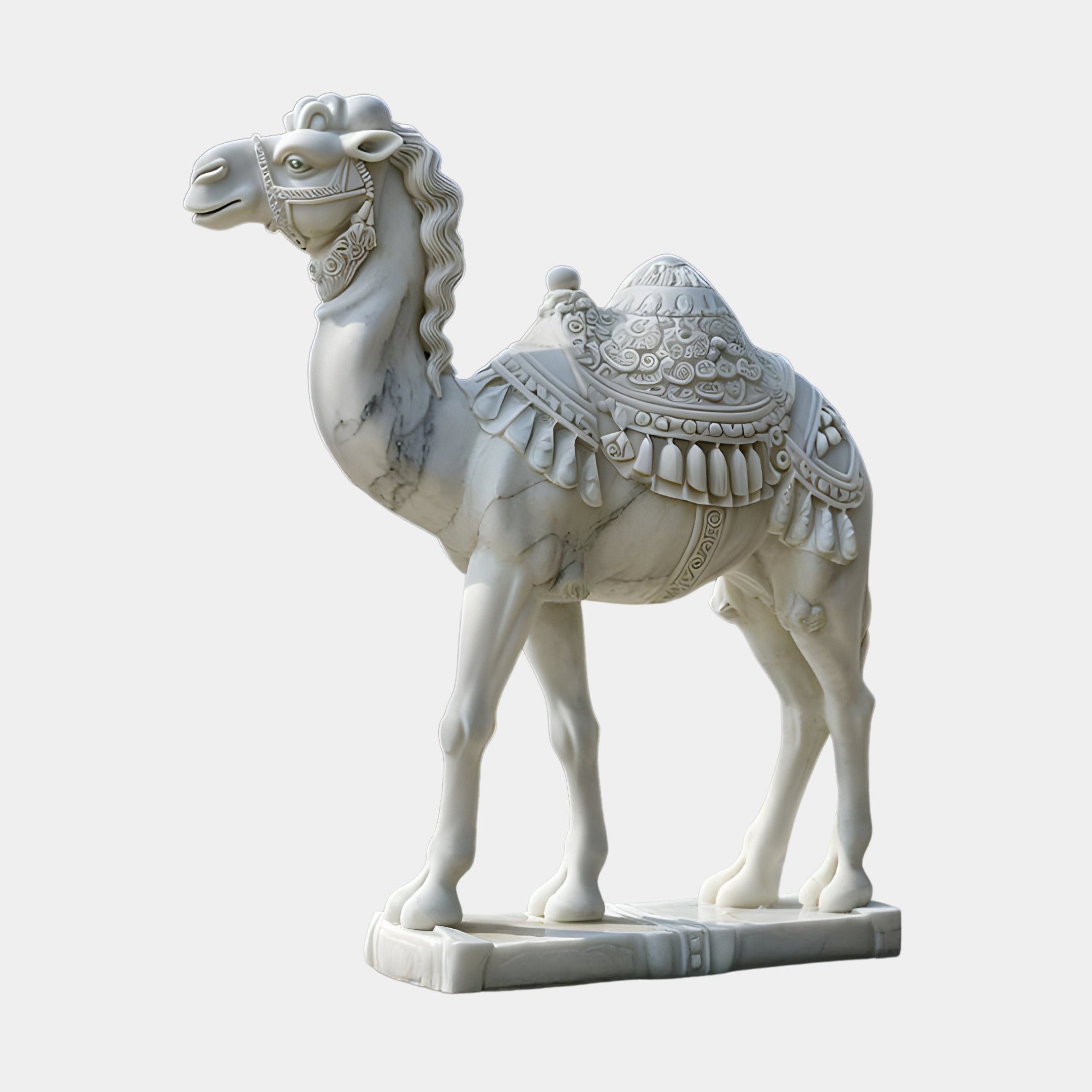 Giant Sculptures Ornate Camel White Marble Outdoor Sculpture, standing at 160cm, features intricate carvings on the saddle and harness, presenting a regal pose with elegant craftsmanship against a plain background.