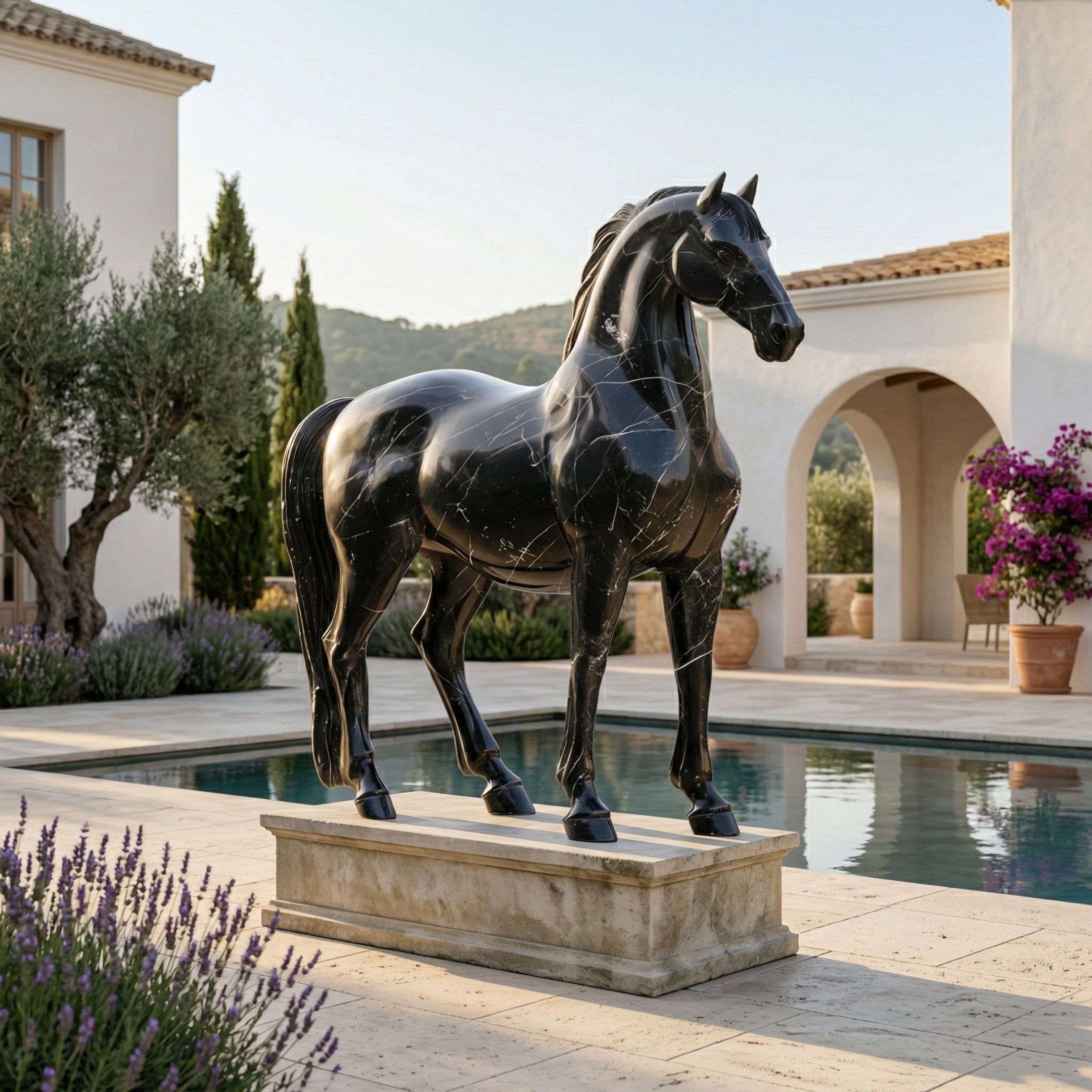 The Stately Horse Black Marble Outdoor Sculpture (220cm) by Giant Sculptures stands on a pedestal beside a pool, framed by Mediterranean-style buildings, lavender, and potted flowers on a sunny day.