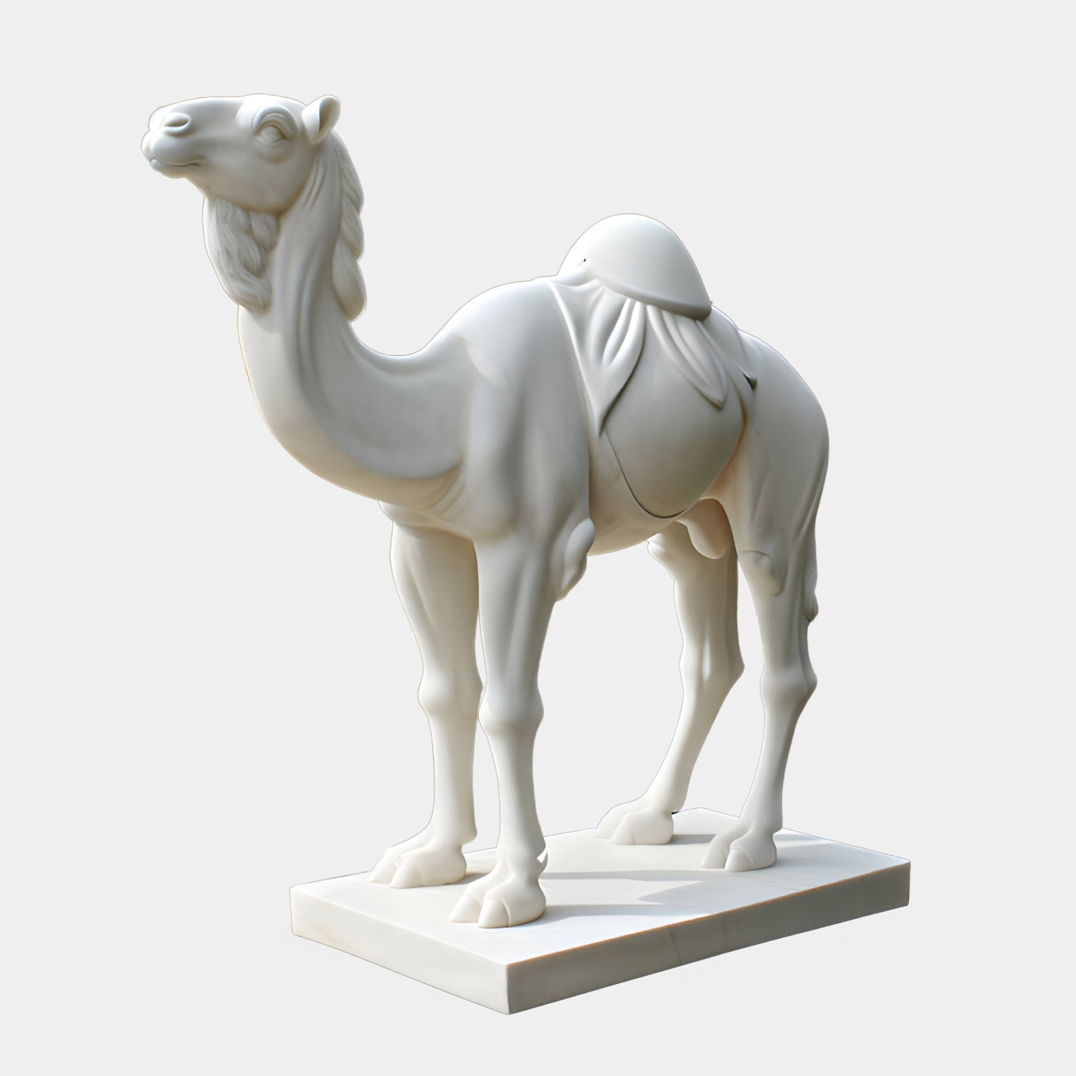 The Elegant Camel Marble Outdoor Sculpture by Giant Sculptures, standing at 160cm, depicts a detailed camel with a serene expression on a rectangular base, capturing the timeless beauty of marble garden art.