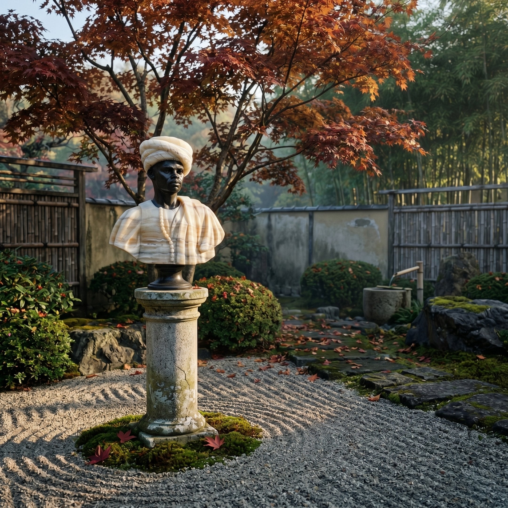 The Turban Marble Bust Sculpture - 75cm by Giant Sculptures stands on a pedestal in a tranquil Japanese garden with raked gravel, mossy stones, an autumn maple tree, bamboo fence, and lush greenery bathed in gentle sunlight.