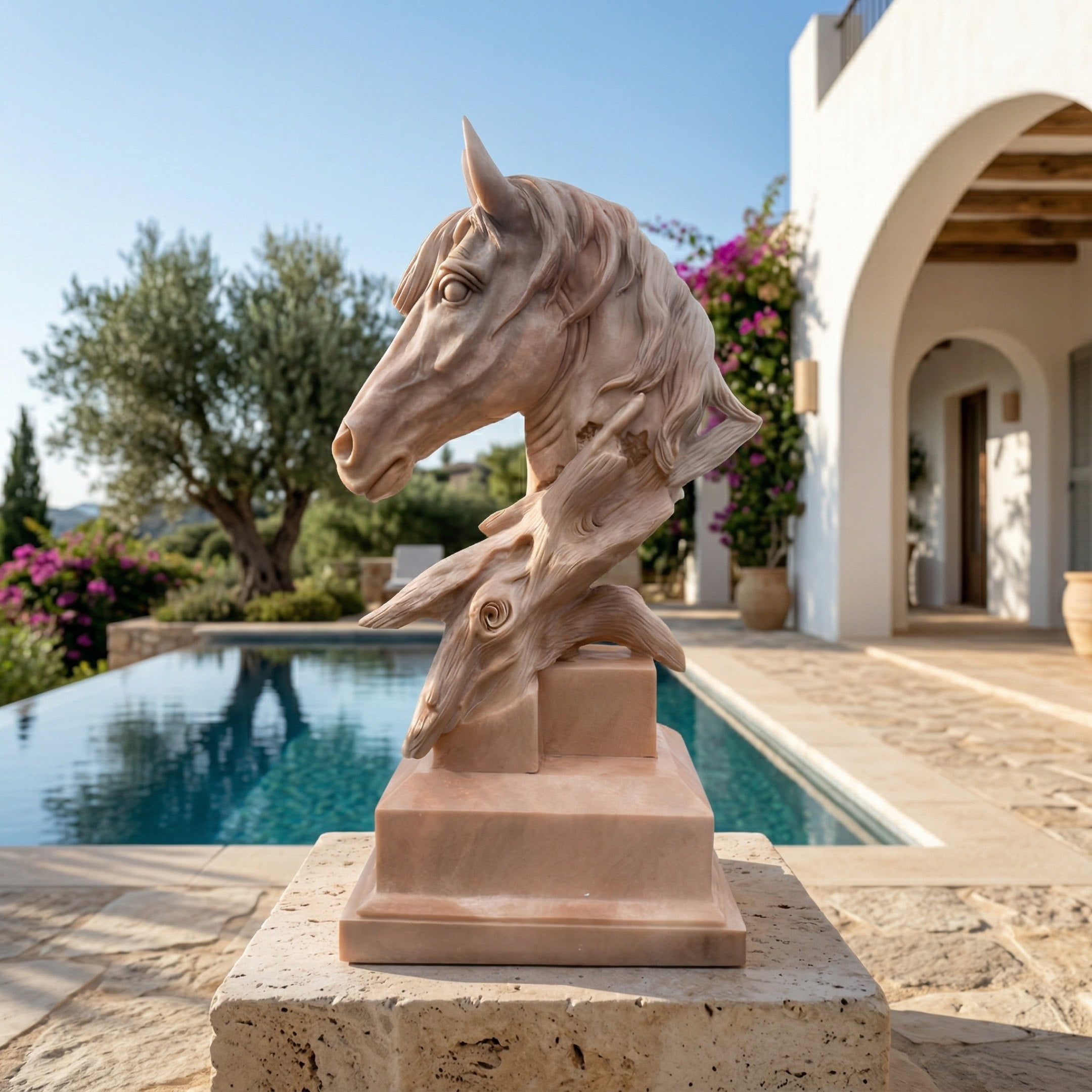 The Fluid Motion Horse Head Marble Outdoor Sculpture (100cm) by Giant Sculptures adds captivating equine art to a stone patio beside the pool, set against a Mediterranean-style villa and vibrant flowers under a blue sky.