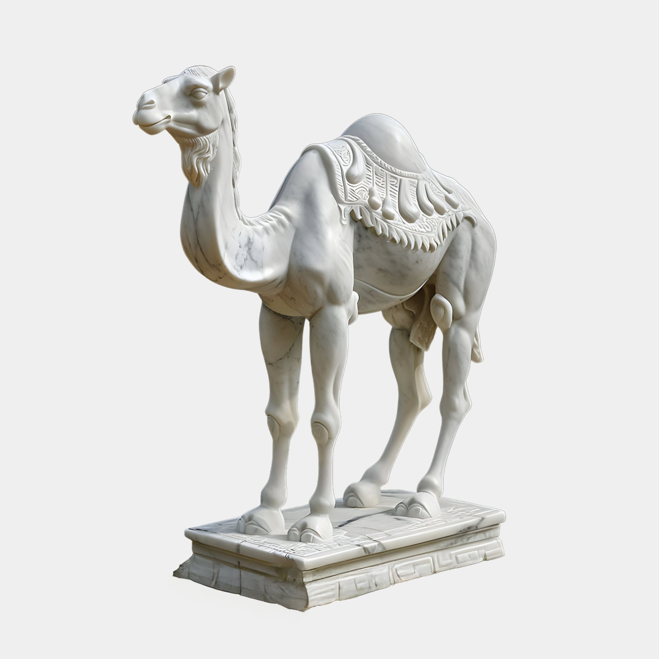 The Desert Voyager Camel by Giant Sculptures is a 160cm white marble piece featuring an ornate carved saddle and intricate details, standing upright on a rectangular base with realistic anatomical precision against a plain white background.