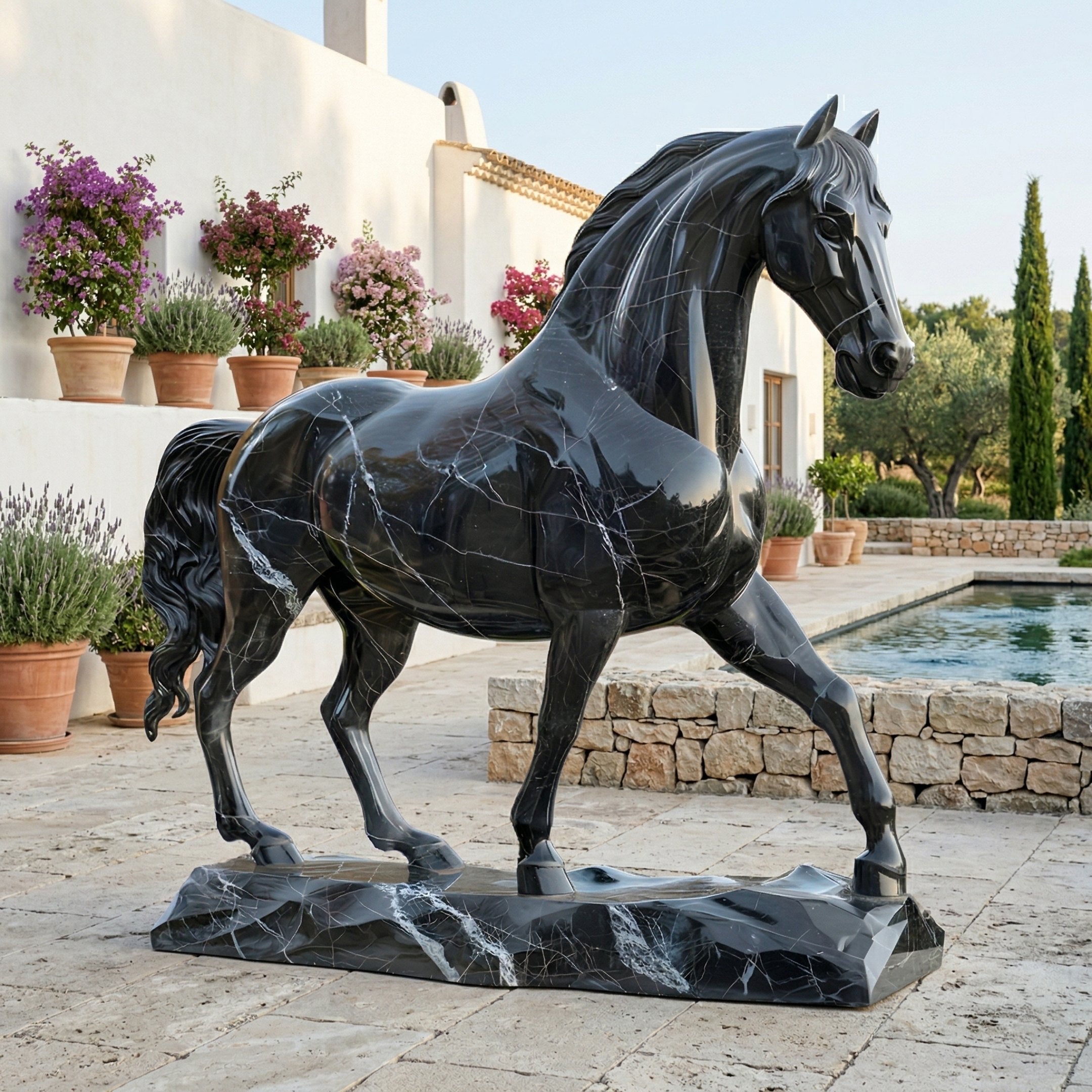 The Majestic Horse Black Marble Outdoor Sculpture - 220cm by Giant Sculptures stands on a stone patio near a pool, surrounded by potted plants and flowers, with a Mediterranean-style building in the background.