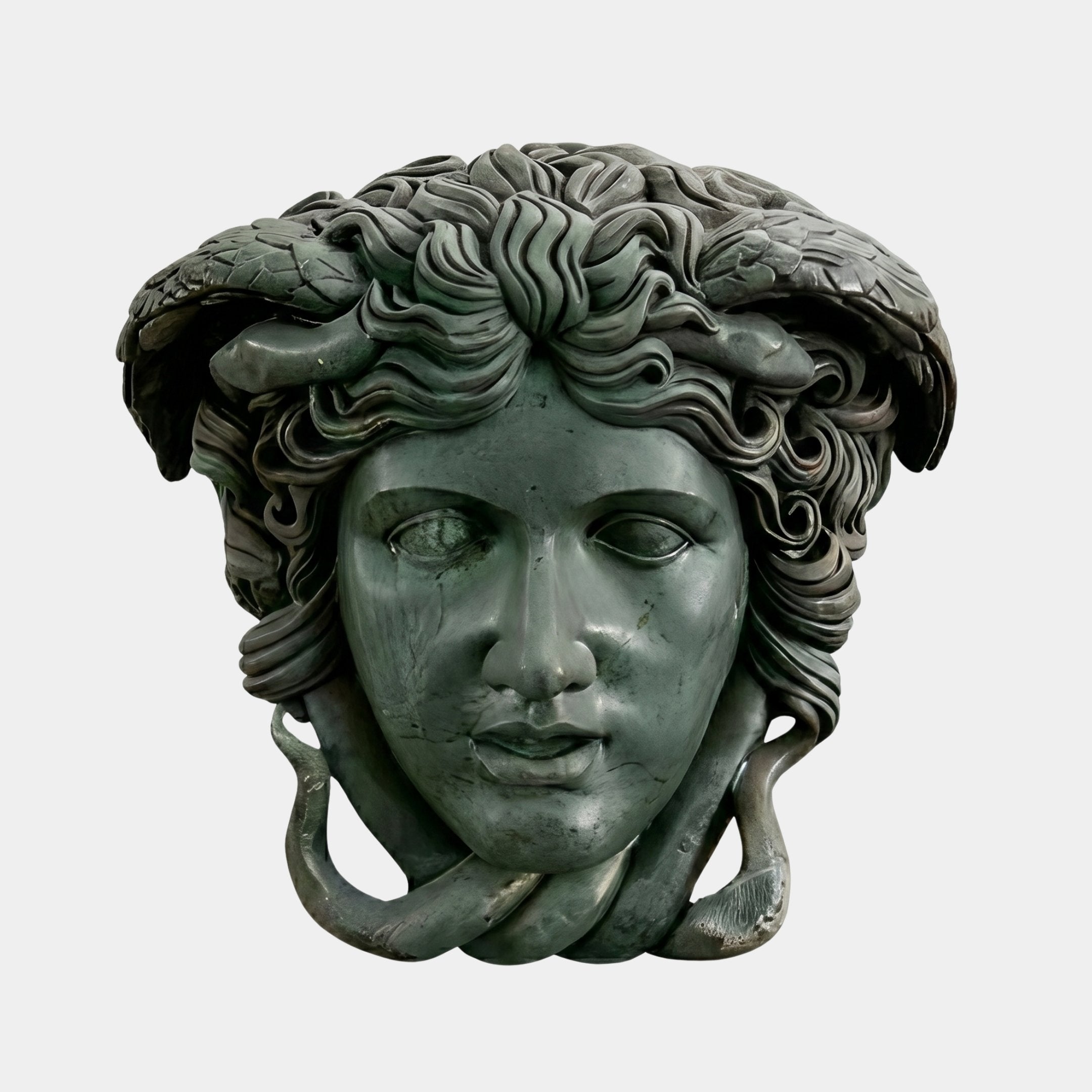 The Medusa Marble Head Sculpture (65cm) by Giant Sculptures features a dark Greek mythology design with snakes entwined in her hair, one missing eye, and detailed snake scales set against a plain background.