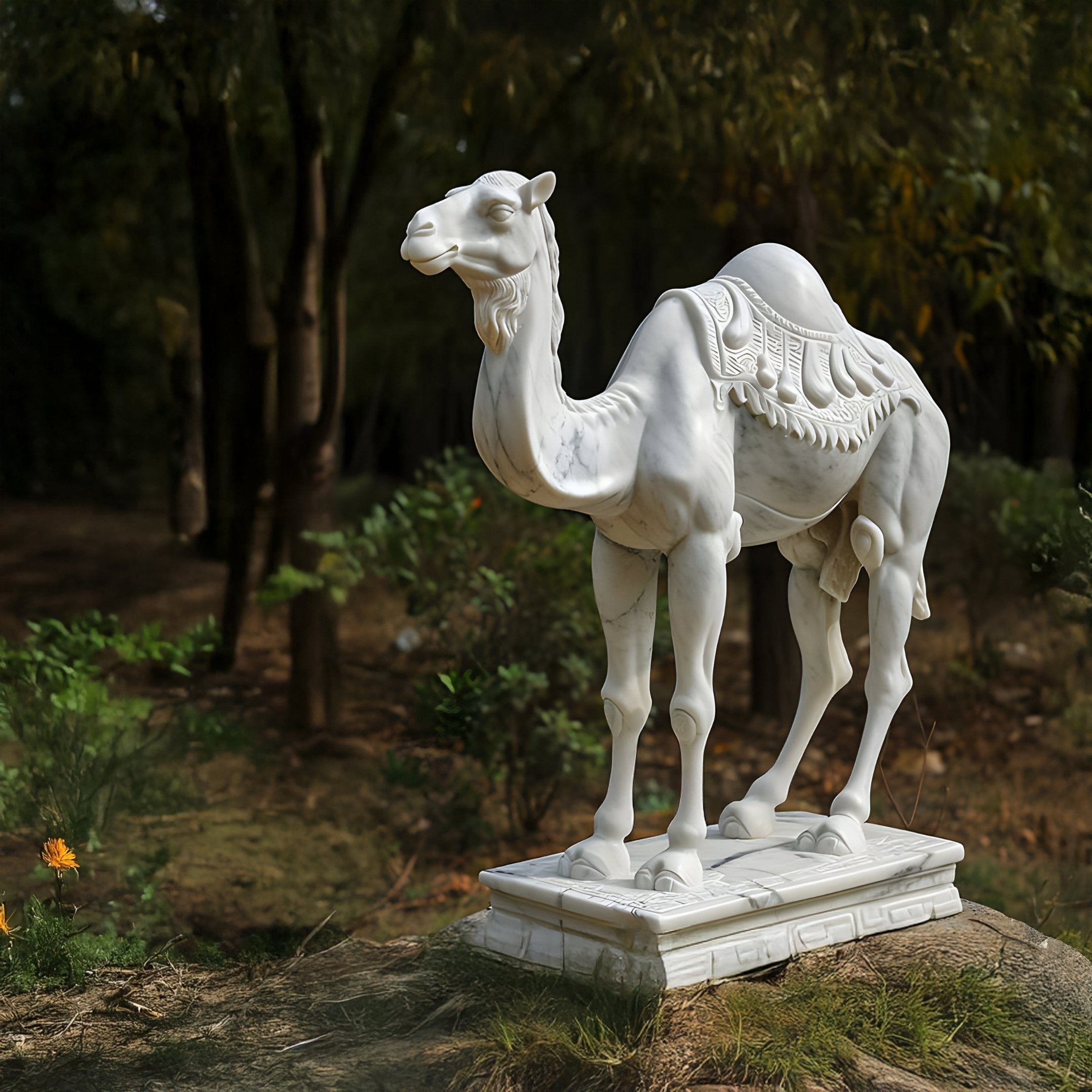 The Desert Voyager Camel Marble Outdoor Sculpture (160cm) by Giant Sculptures stands gracefully on a rectangular base in a park setting, with ornate saddle decorations. Lush greenery and trees provide a serene natural backdrop.