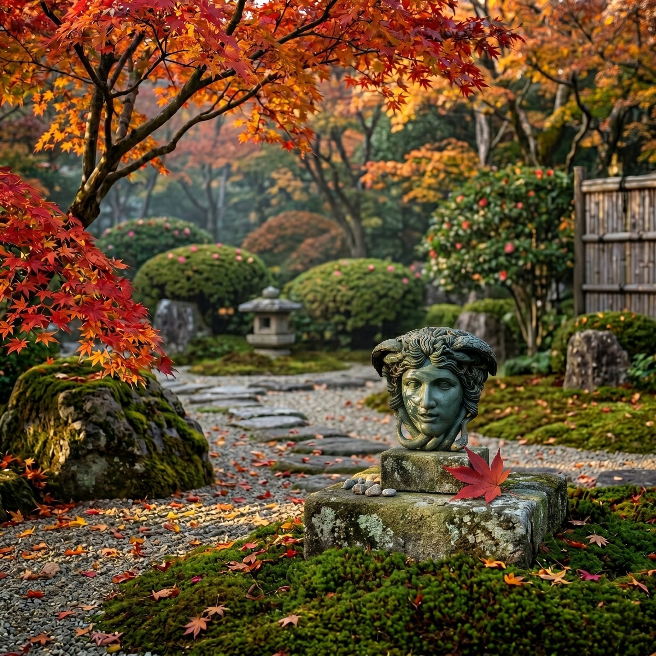 In a tranquil Japanese autumn garden, vibrant maple trees surround a stone path and trimmed bushes, with the Medusa Marble Head Sculpture - 65cm by Giant Sculptures resting on mossy rocks adorned with a red leaf.