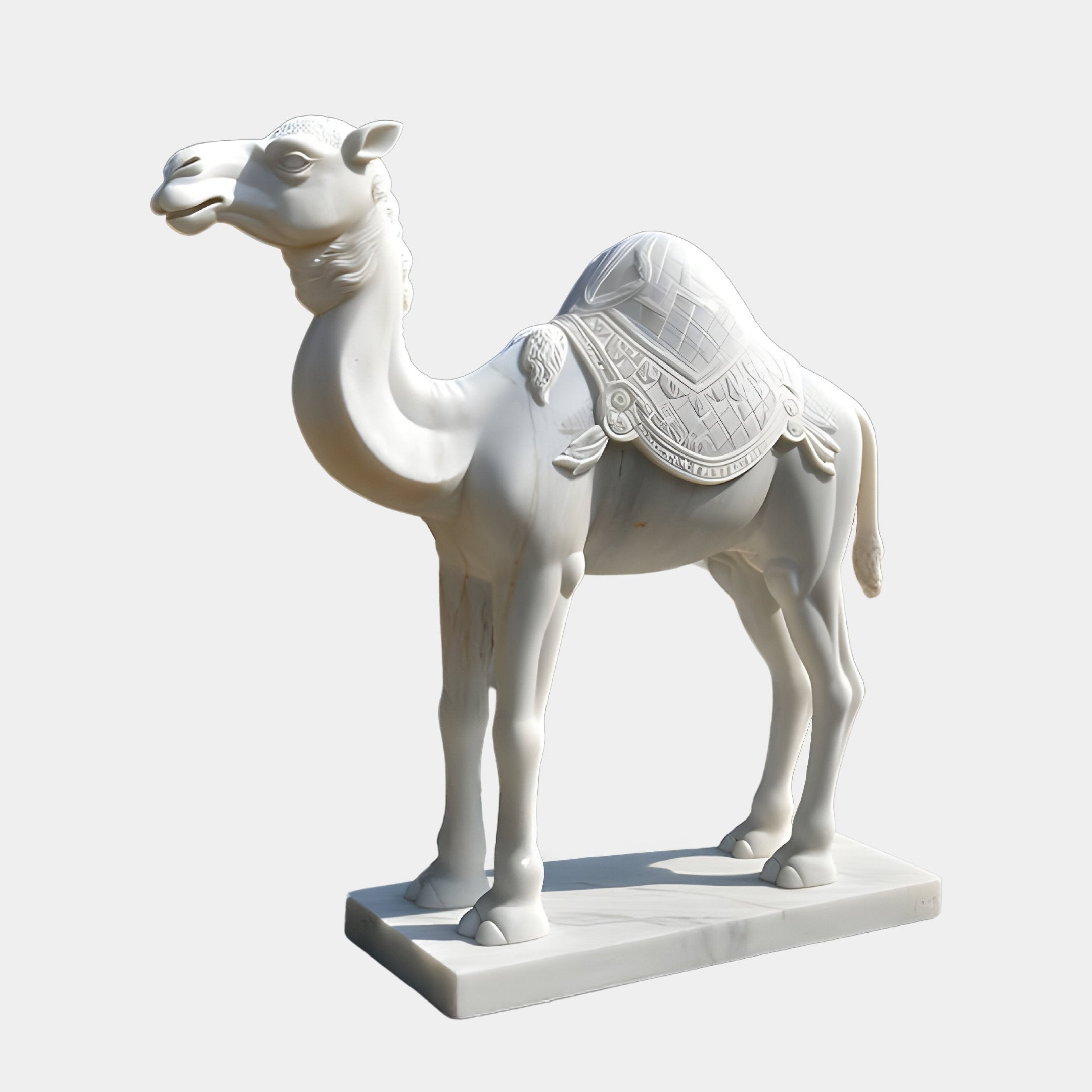 The Regal Camel White Marble Outdoor Sculpture by Giant Sculptures, standing at 160cm, showcases exquisite craftsmanship with detailed carvings like a patterned saddle and ornamental neck and leg designs, all set on a rectangular base for indoor and outdoor elegance.