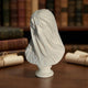 The Veiled Lady Marble Bust Sculpture - 55cm by Giant Sculptures is hand-carved from white marble and displayed on a wooden surface, with rolled scrolls and antique books elegantly arranged in the background.