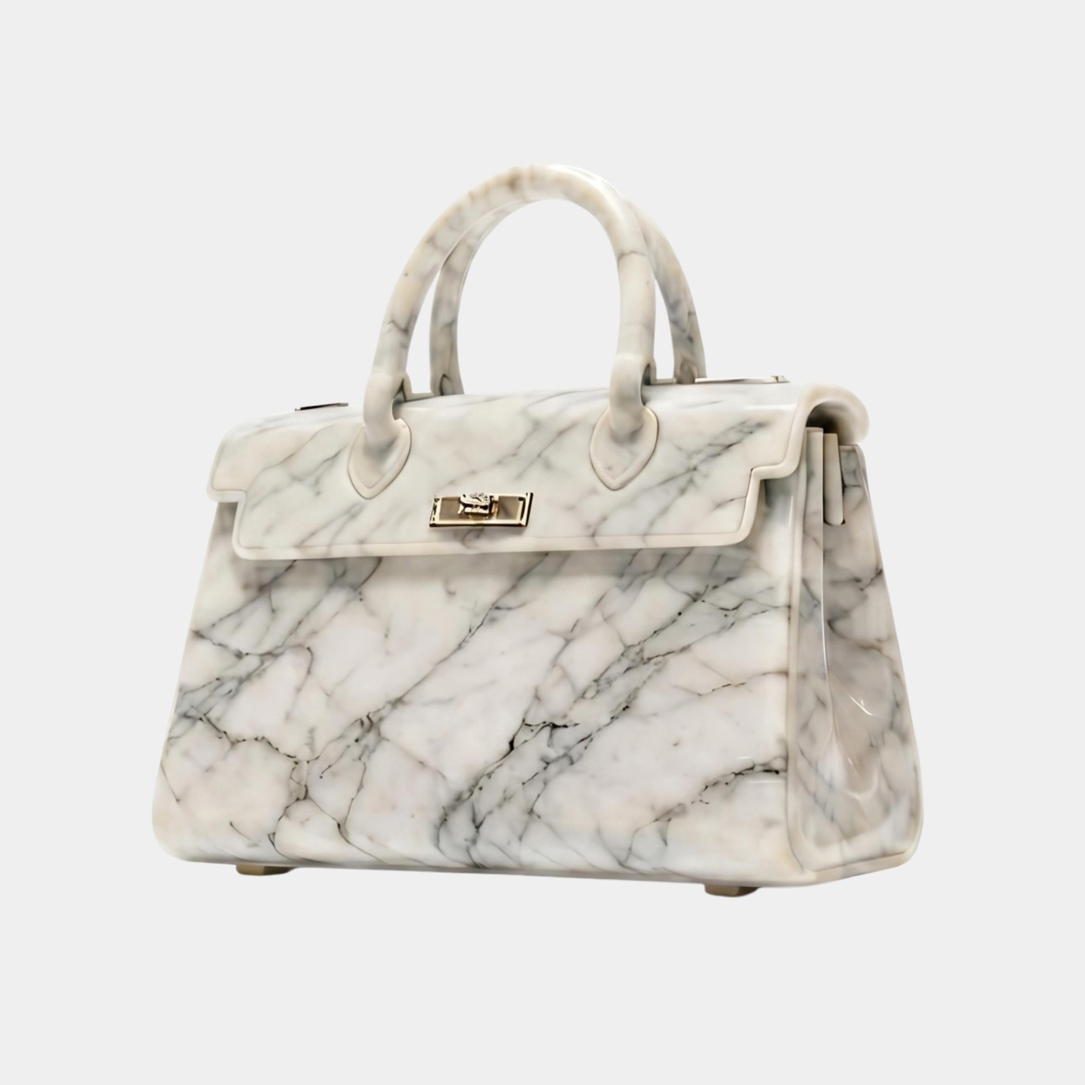 Giant Sculptures 40cm Handbag Marble Sculpture in white Italian Carrara marble with grey veining and gold-tone clasp, angled view on a plain background.