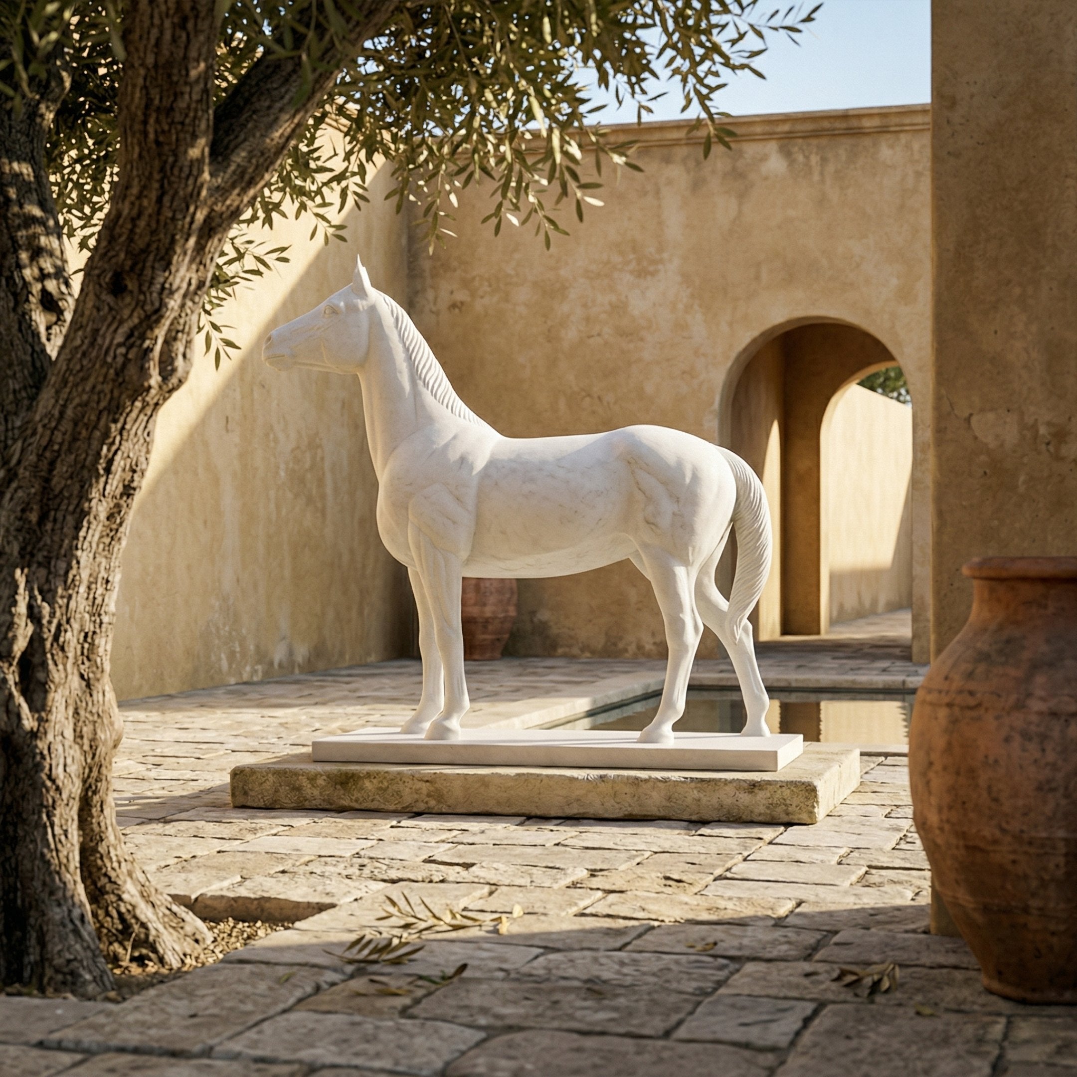 The Noble Standing Horse Marble Outdoor Sculpture by Giant Sculptures (220cm) stands on a stone platform in a sunlit courtyard, surrounded by stone walls, an olive tree, potted plants, and an arched doorway in the background.