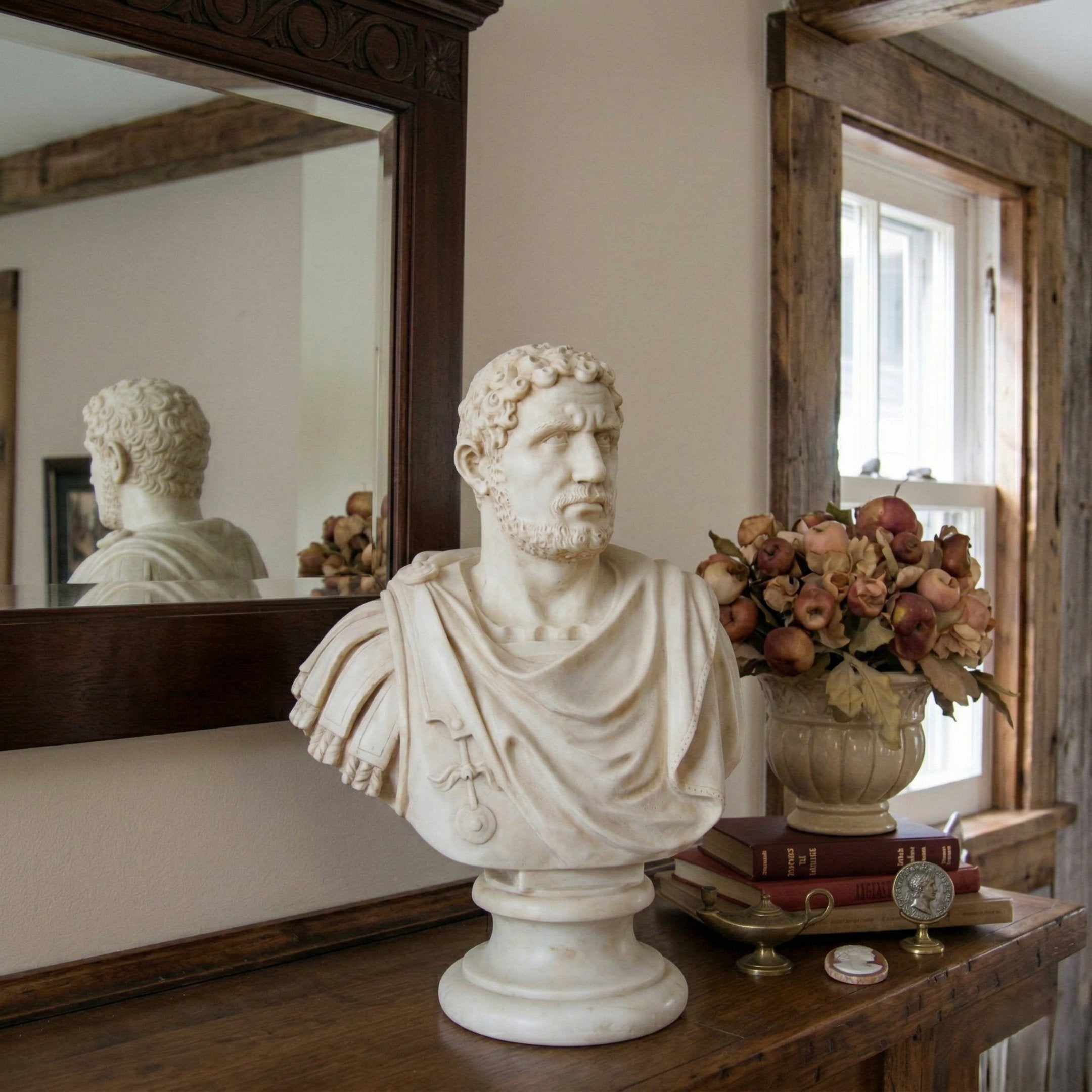 The Julius Caesar Marble Bust Sculpture (85cm) by Giant Sculptures sits on a wooden table near a vase of dried flowers, stacked books, and a pocket watch, with a mirror and window in the background.