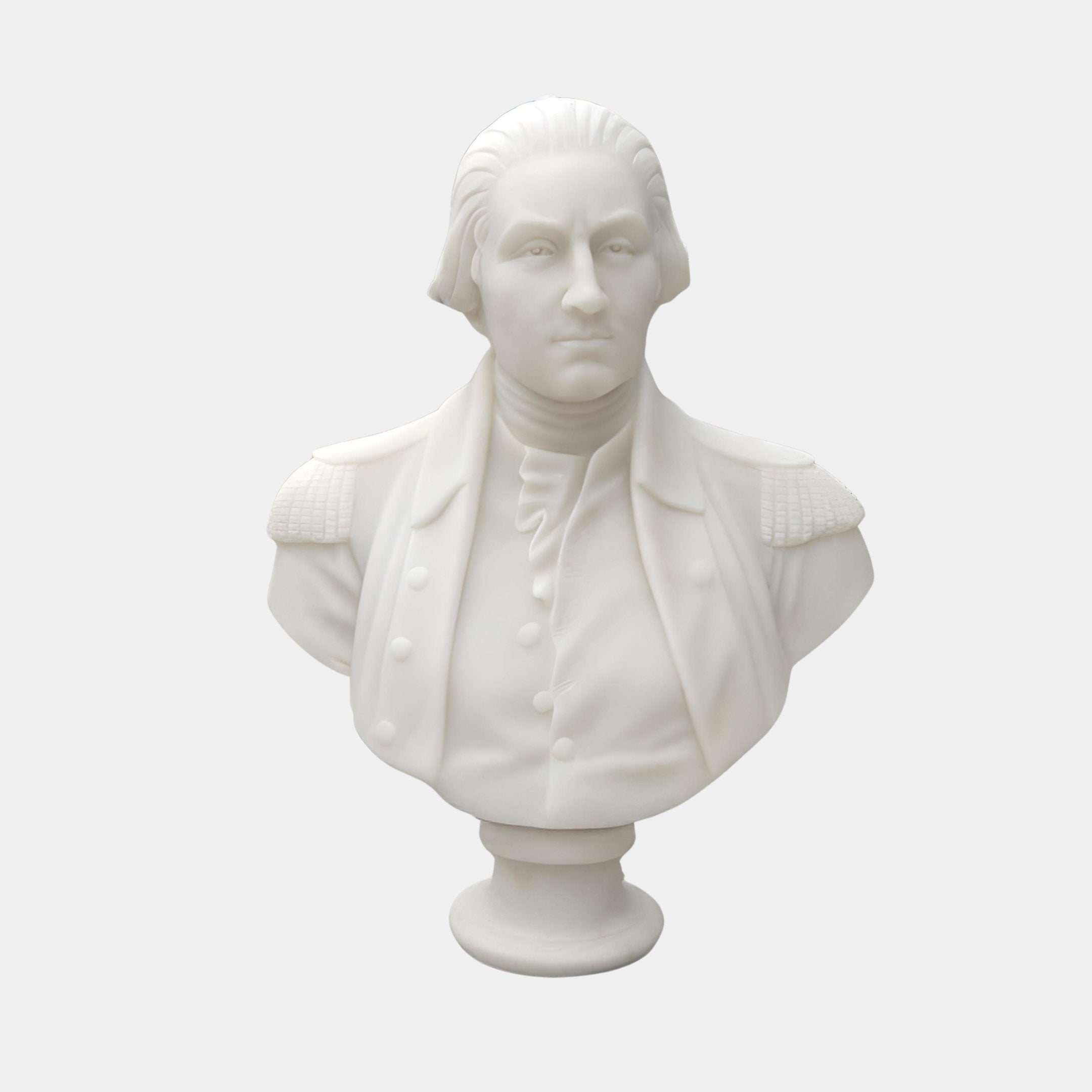 The George Washington Marble Bust Sculpture (75cm) by Giant Sculptures depicts a neoclassical portrait of the man in historical military attire with buttons and epaulettes, shown chest up against a plain light background.