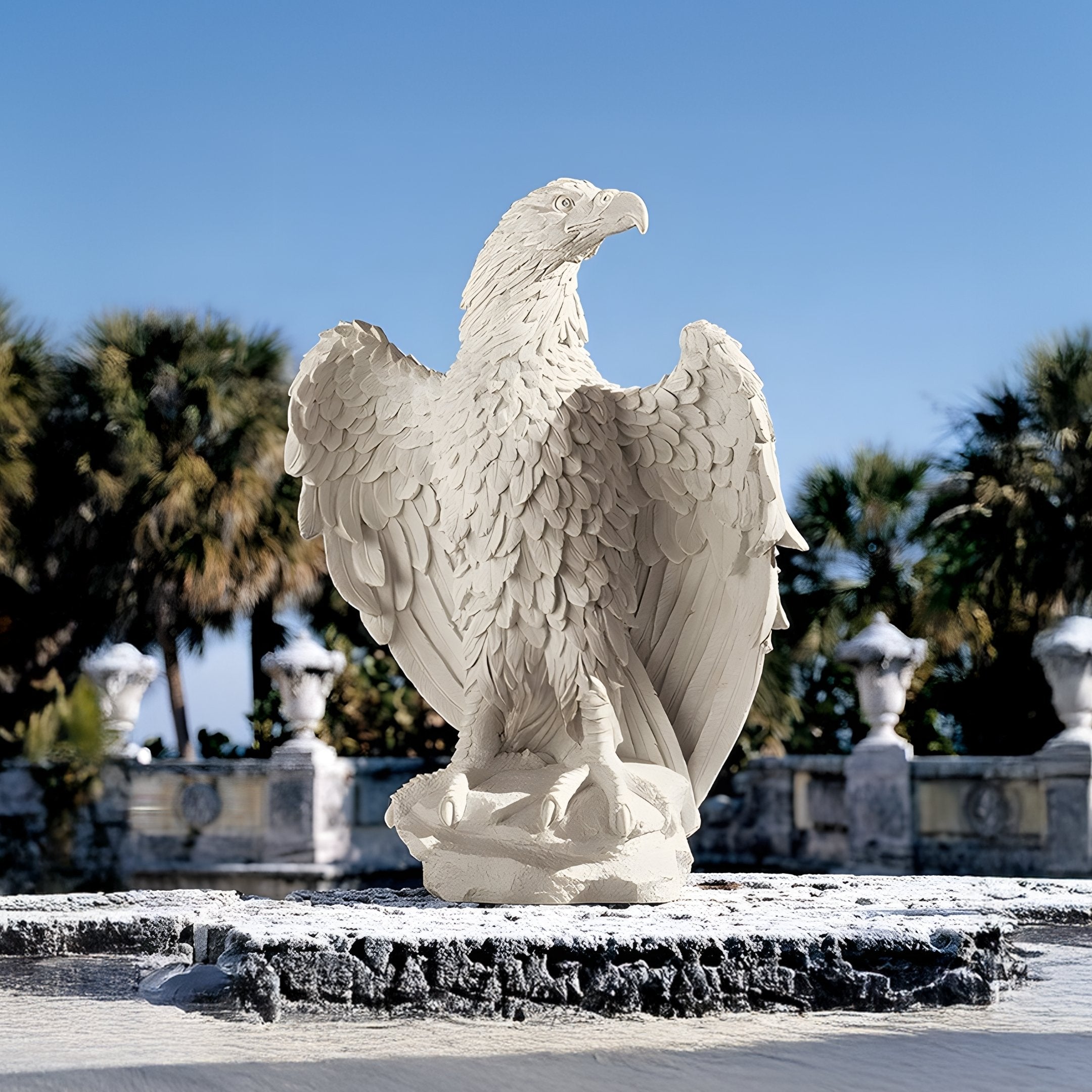 The Majestic Eagle Marble Outdoor Sculpture by Giant Sculptures stands 120cm tall, featuring detailed, hand-carved feathers and partially open wings on a pedestal. Palm trees and a clear blue sky enhance the serene outdoor setting.