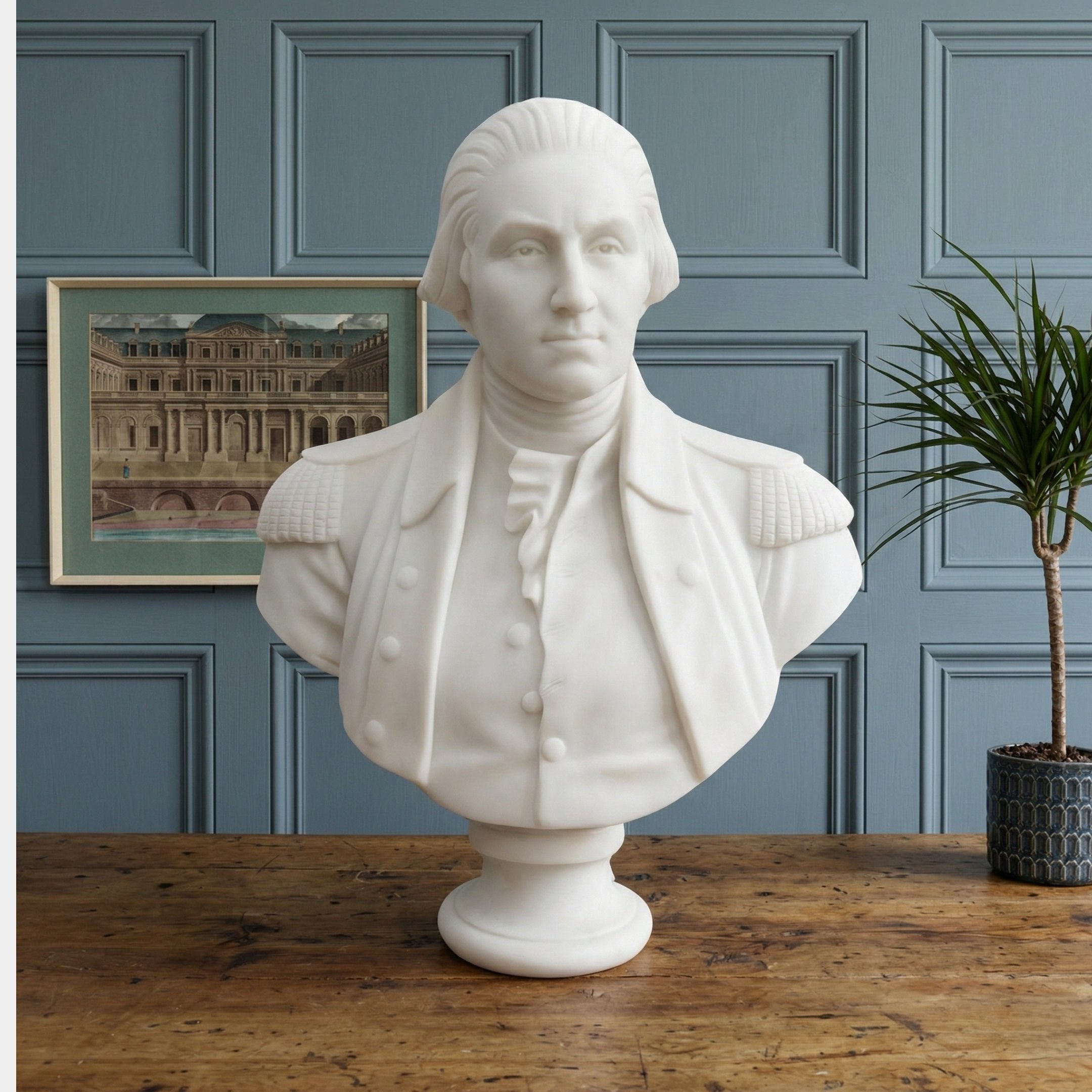 The George Washington Marble Bust Sculpture (75cm) by Giant Sculptures rests on a wooden table before a blue paneled wall with a framed architectural drawing and potted plant, creating a neoclassical scene.