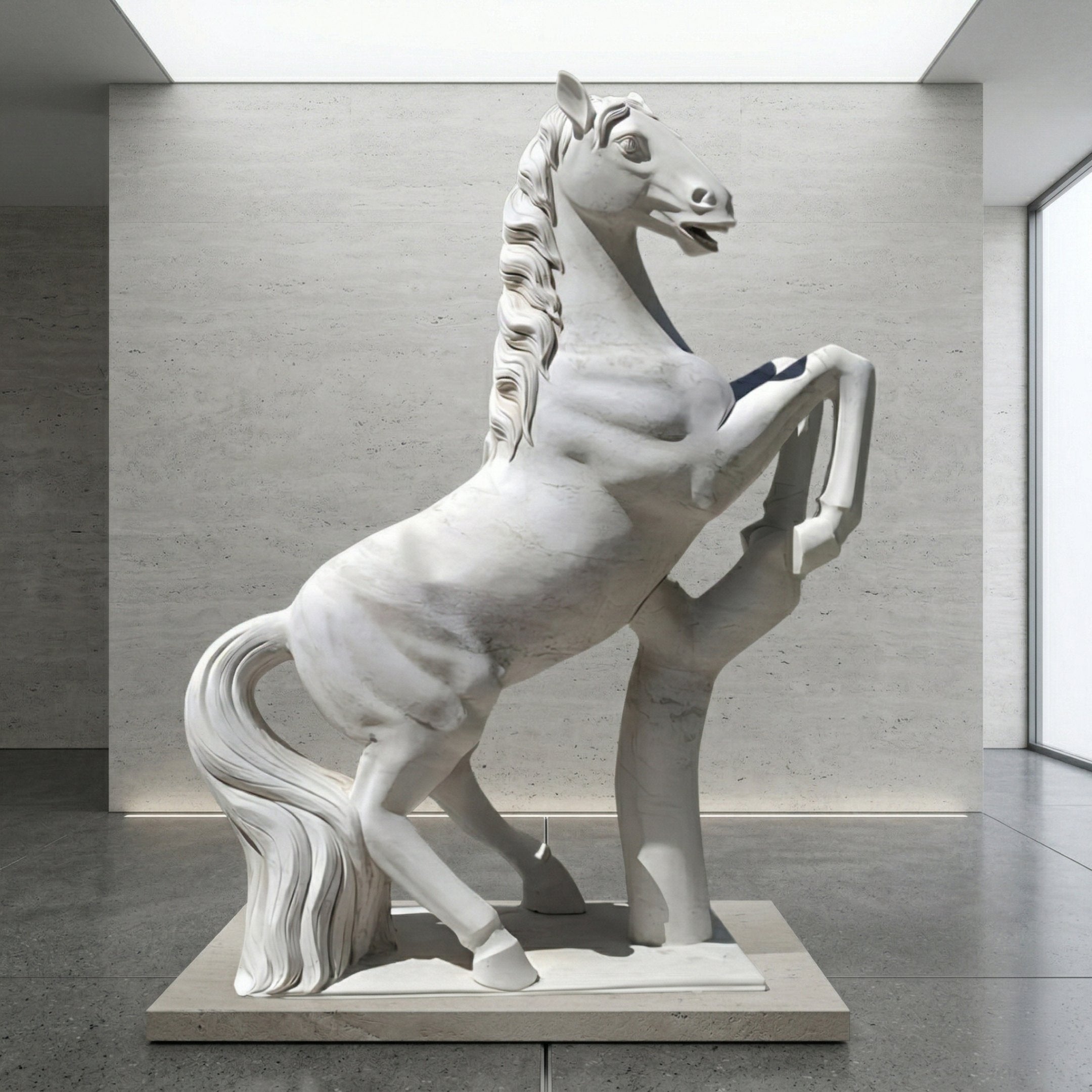 The Rearing Horse White Marble Outdoor Sculpture - 200cm by Giant Sculptures stands on its hind legs with a raised hoof, adding elegance to modern outdoor spaces with gray stone walls and polished floors.