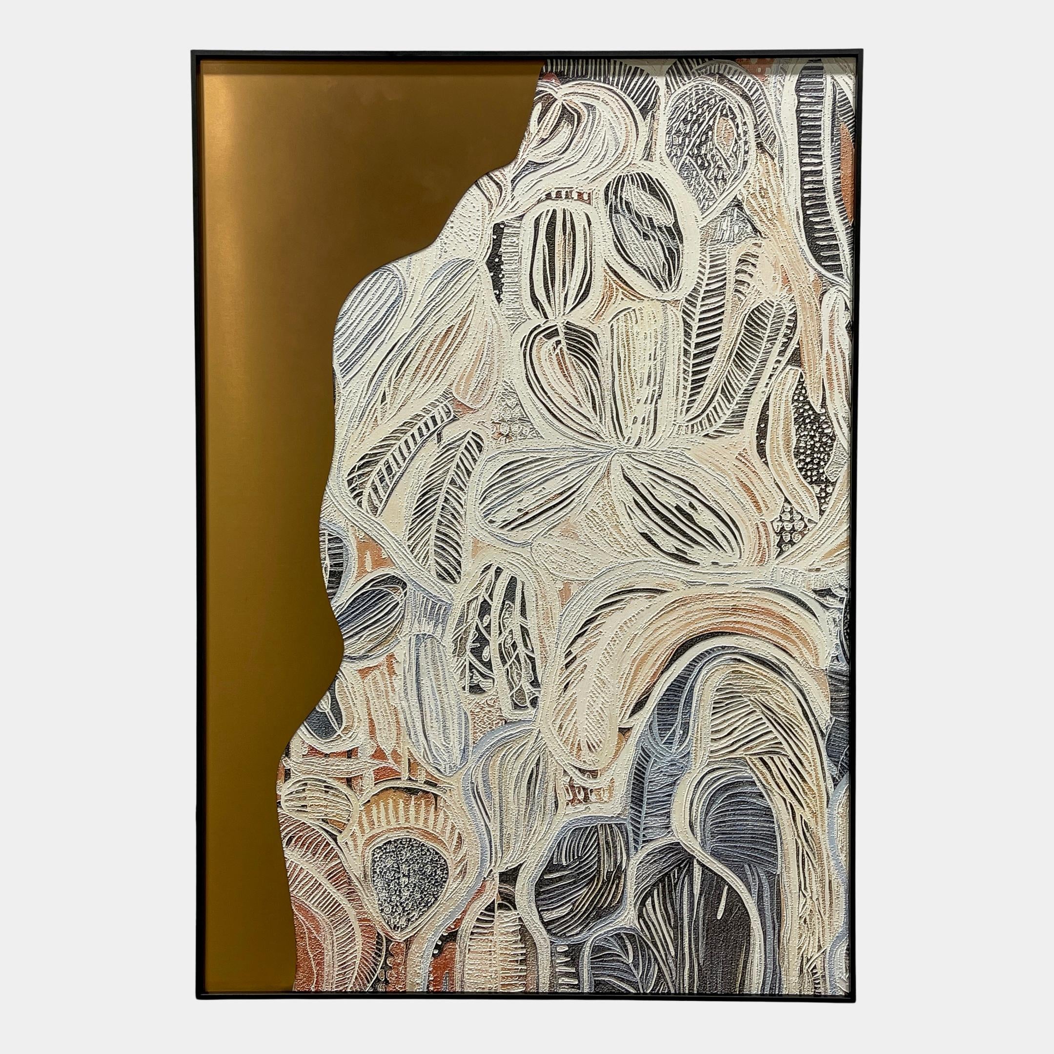 Aurista Botanical Flow Abstract Cotton Spray Wall Art with raised beige, white, and black leaf forms and blue accents over a metallic gold ground.