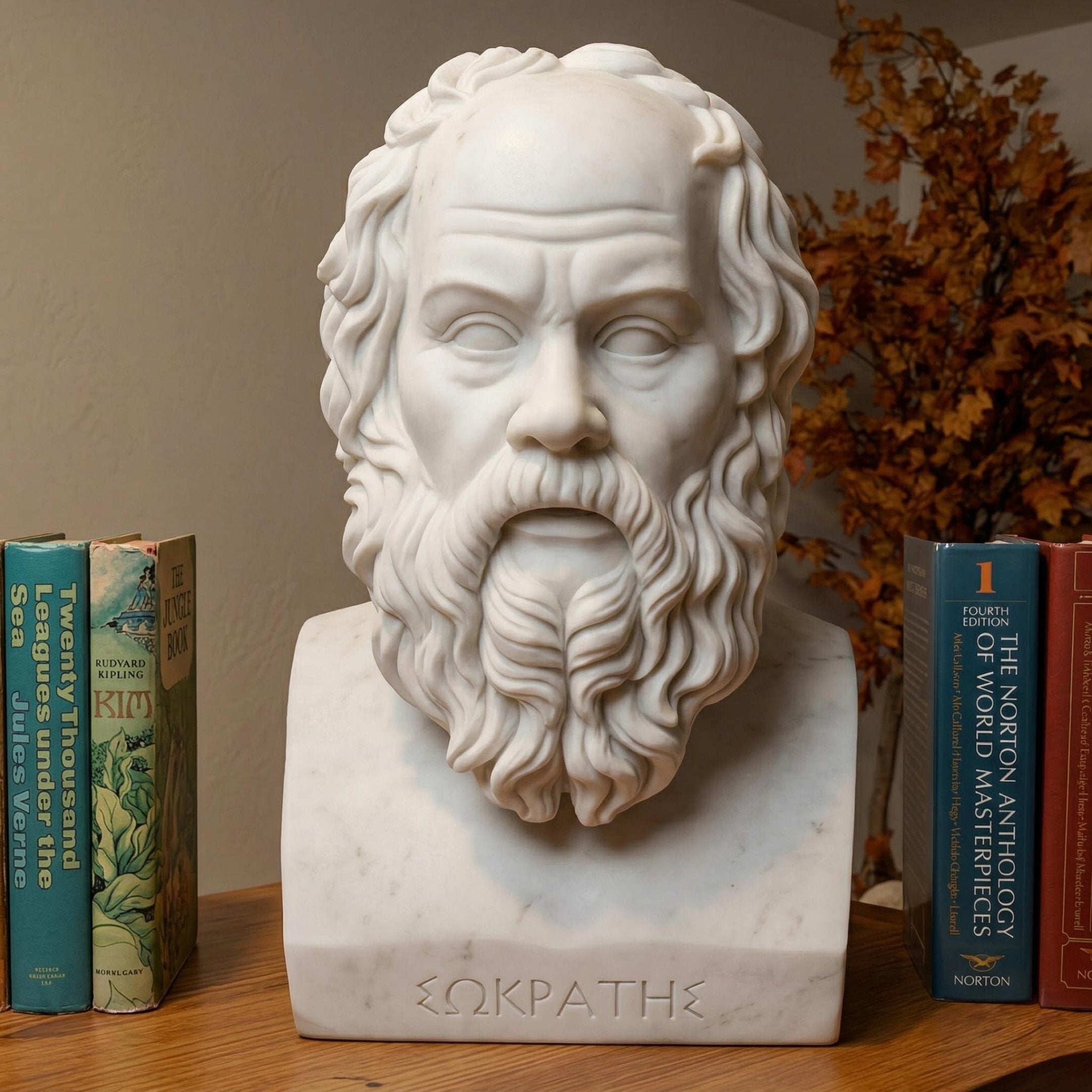 The Socrates Marble Bust Sculpture - 50cm by Giant Sculptures, featuring an elderly bearded man and "ΣΩΚΡΑΤΗΣ" on the base, rests on wood between vintage books with dried leaves in the background.