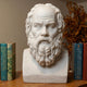 The Socrates Marble Bust Sculpture - 50cm by Giant Sculptures, featuring an elderly bearded man and "ΣΩΚΡΑΤΗΣ" on the base, rests on wood between vintage books with dried leaves in the background.