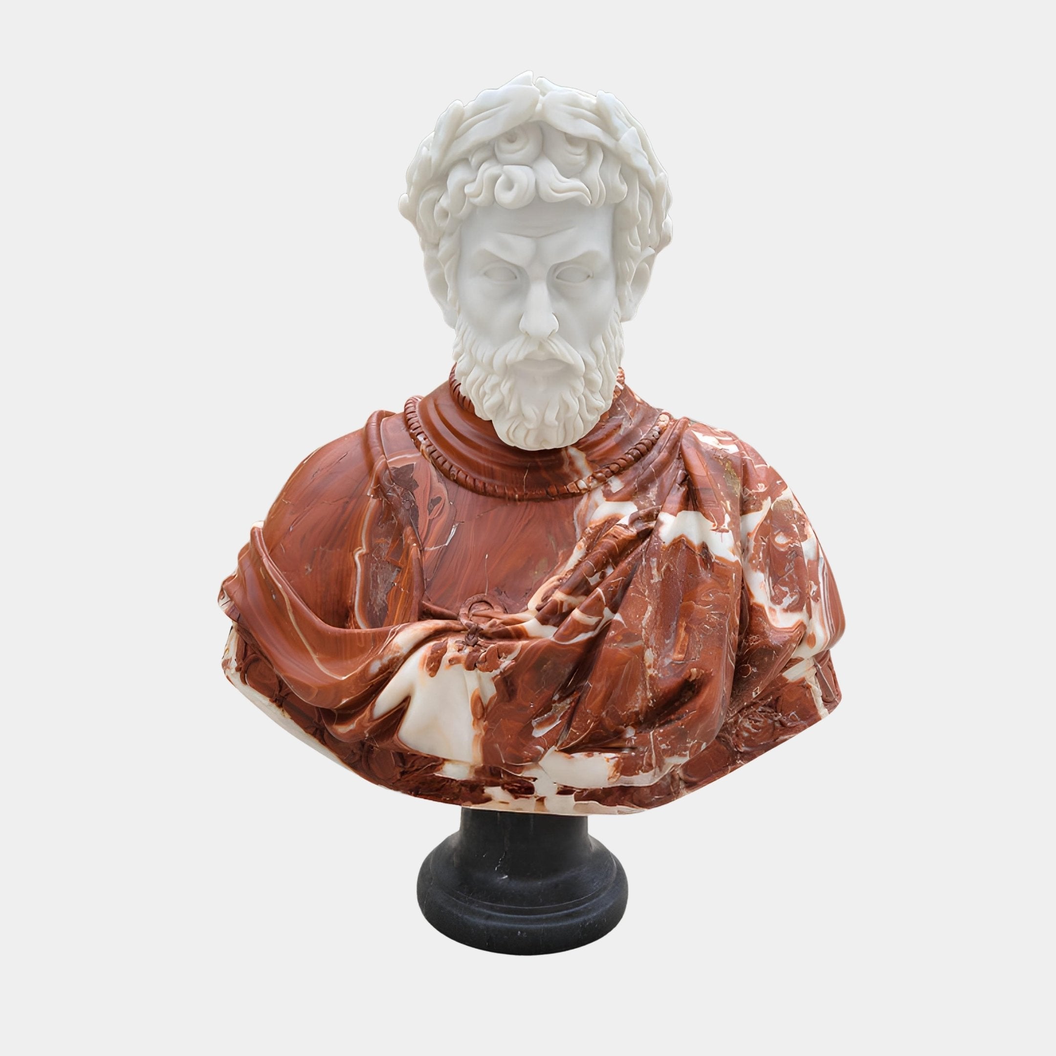 The Roman Emperor Marble Bust Sculpture (75cm) by Giant Sculptures features a bearded man with curly hair in a patterned robe, set on a black pedestal—an impressive Roman imperial portrait against a plain white background.