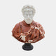 Roman Emperor Marble Bust Sculpture by Giant Sculptures, a bearded figure with white marble head and red draped robe on a black pedestal, front view on plain background.