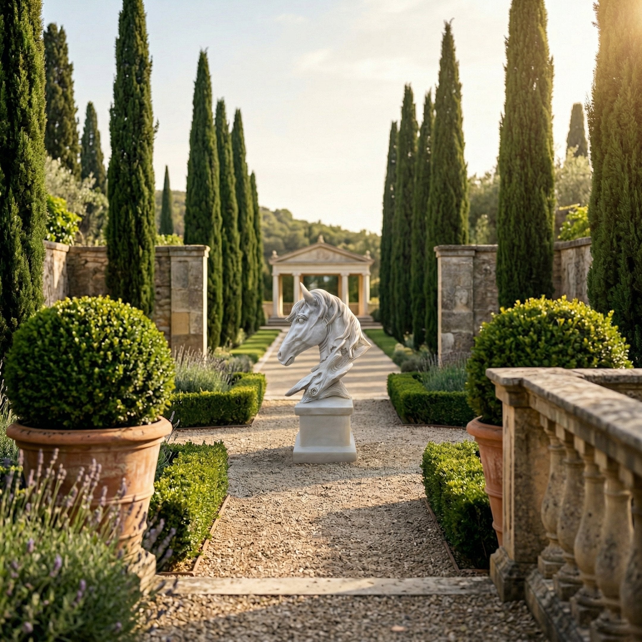 A formal garden with tall cypress trees, sculpted hedges, and a central path leading to a pavilion features the Giant Sculptures Dynamic Horse Head Marble Outdoor Sculpture (100cm) on a pedestal along the path.