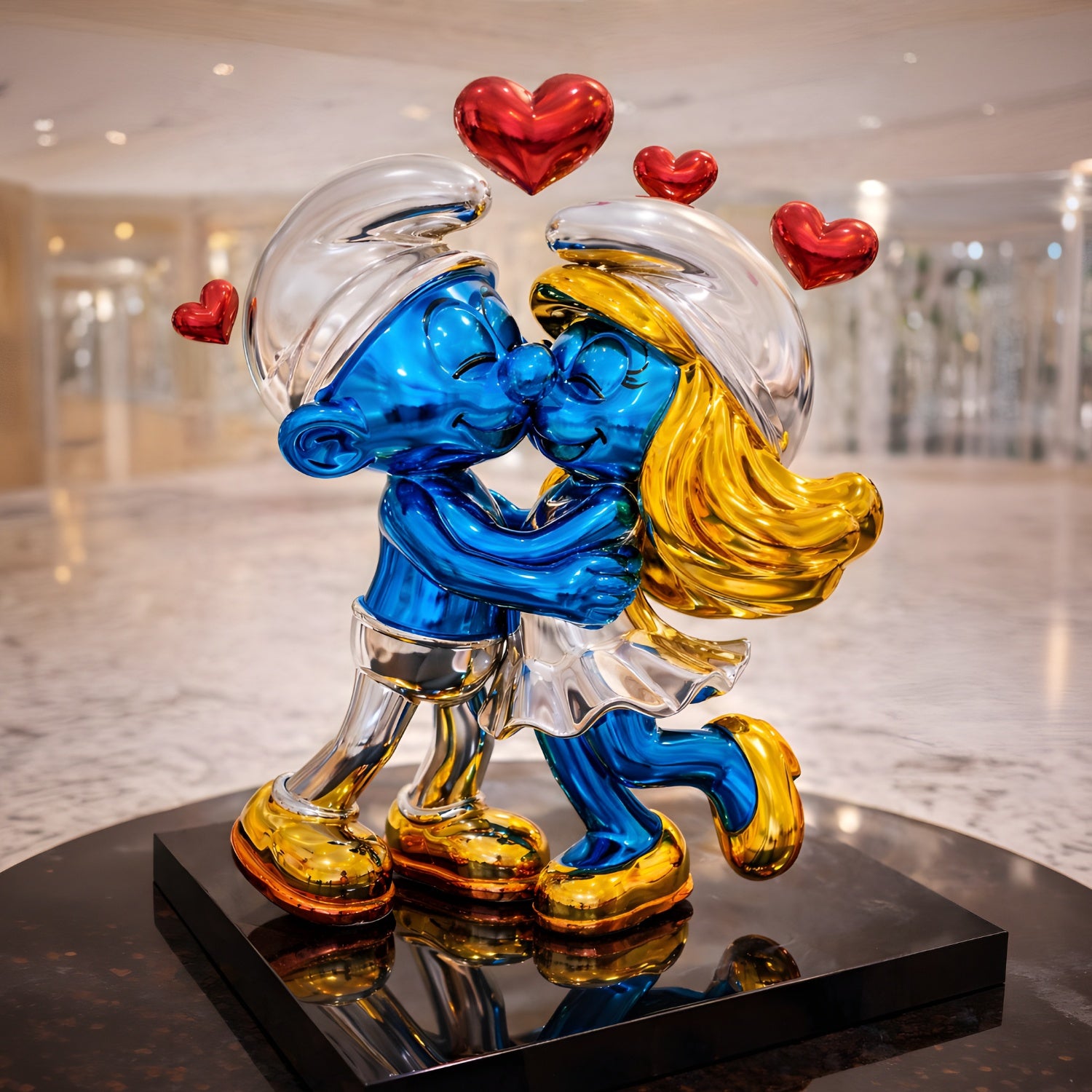 The Smurf Couple Kissing Love Statue - 60cm by Giant Sculptures features two Smurfs kissing, surrounded by red hearts. Set against a modern interior with marble flooring, it’s an ideal romantic gift and charming fiberglass collectible.