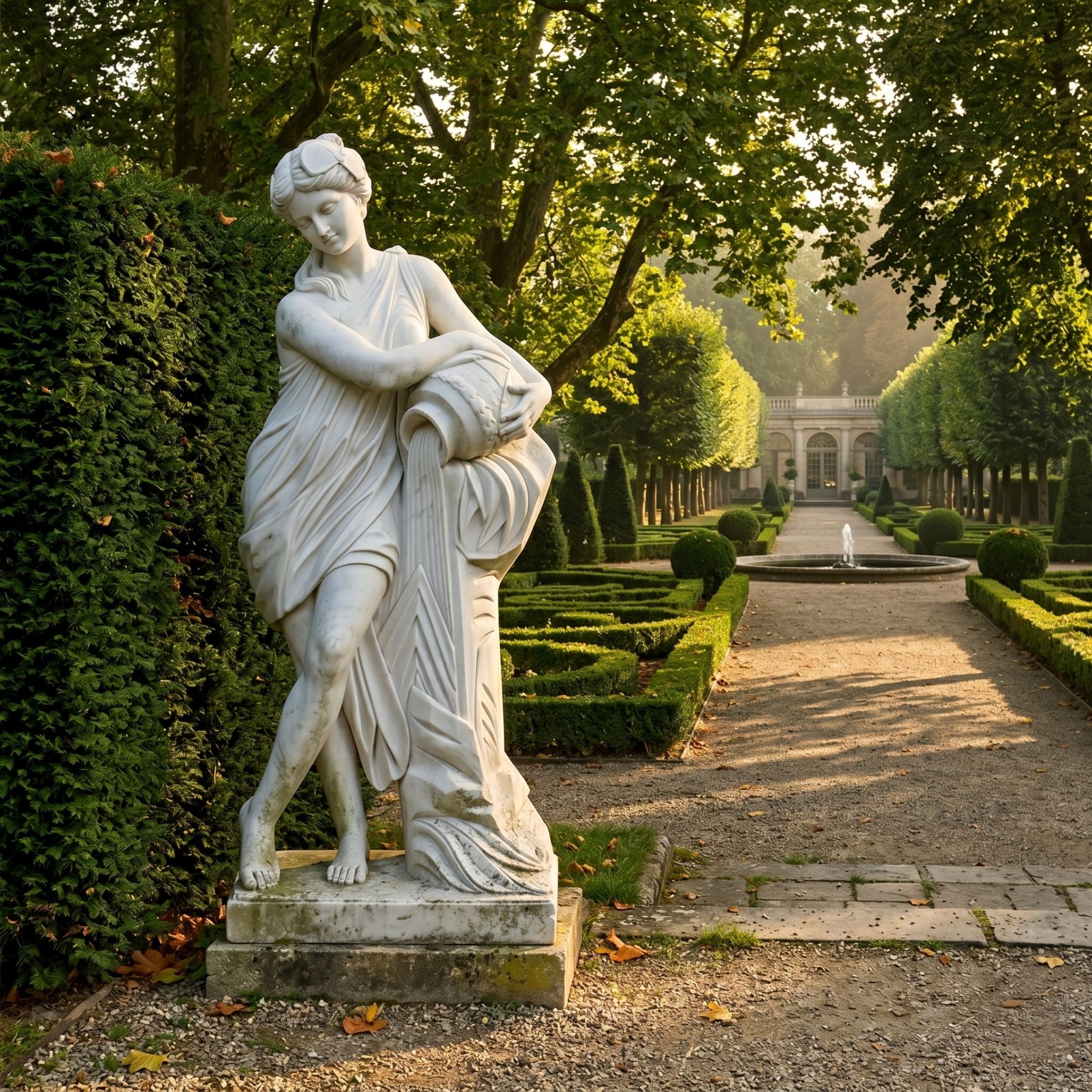 White marble sculpture of a draped female figure holding an urn, displayed on a stone plinth beside a hedge in a formal garden with topiary and fountain.