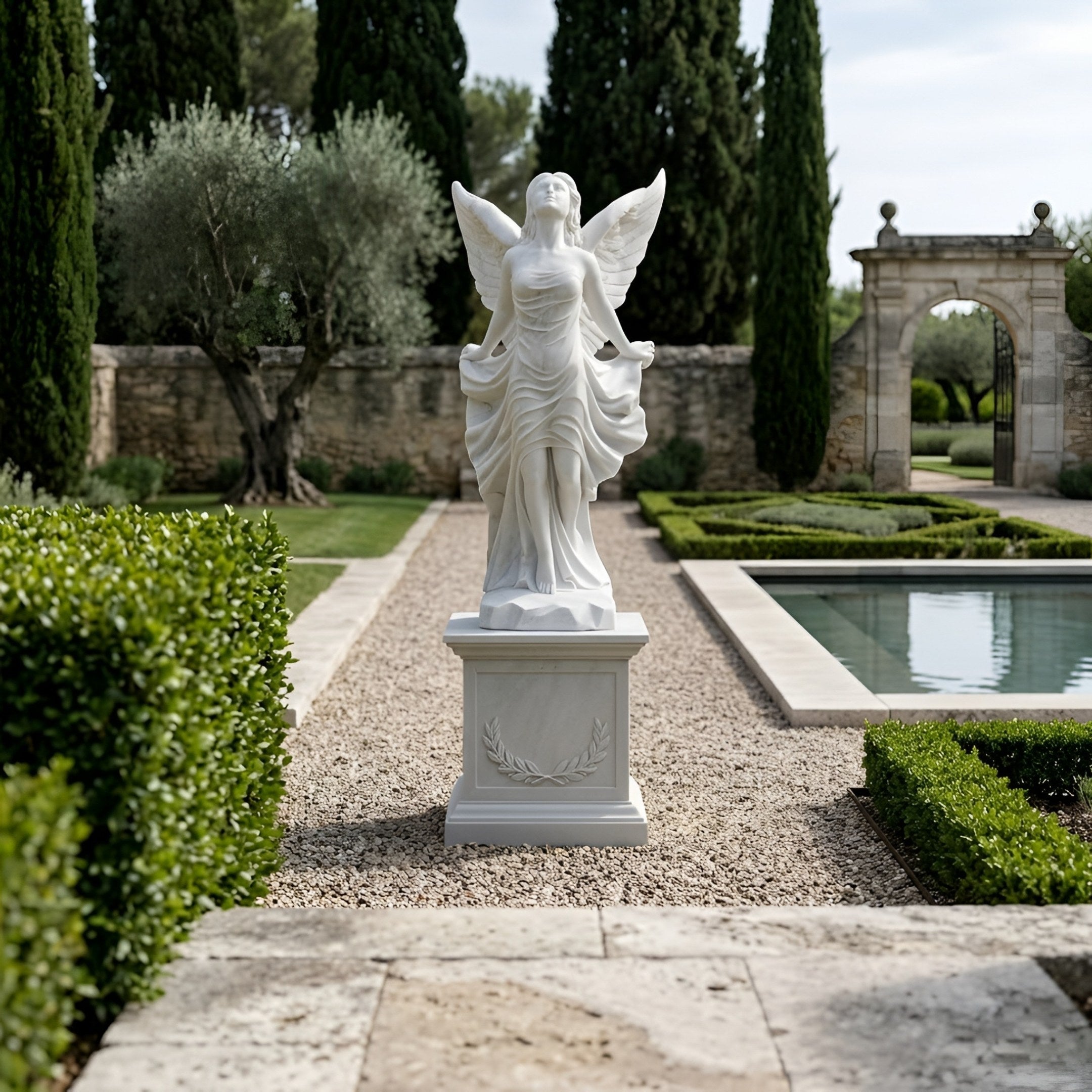 The Skyward Gaze Angel Marble Outdoor Sculpture (200cm) by Giant Sculptures stands on a pedestal in a manicured garden with trimmed hedges, gravel paths, a reflecting pool, and tall cypress trees in the background.