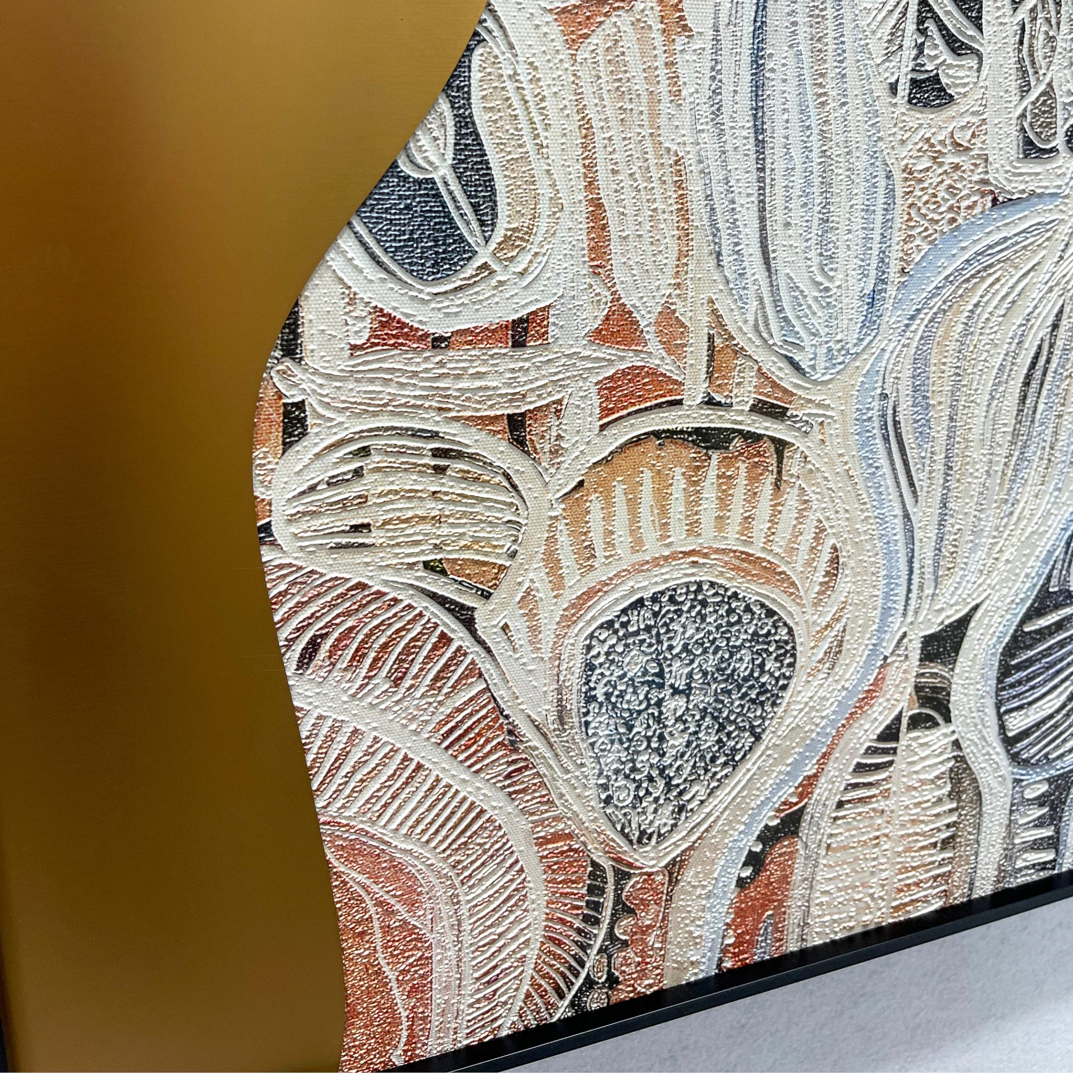Close-up of Aurista Botanical Flow Abstract Cotton Spray Wall Art showing raised cotton-textured leaf shapes in beige, white, and black over a metallic gold ground.