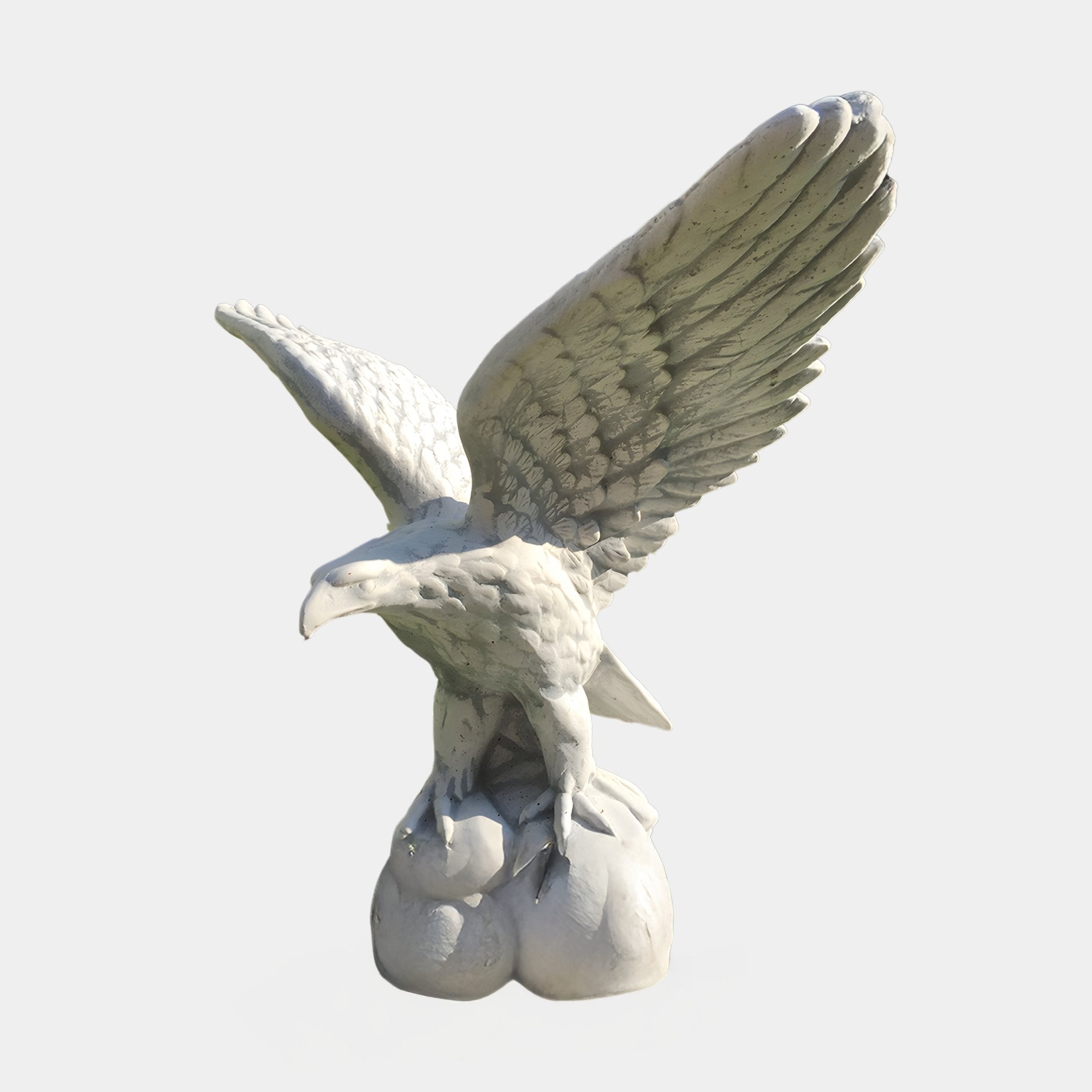 The Guardian Wings Eagle Marble Outdoor Sculpture by Giant Sculptures features a majestic eagle with outstretched wings, intricately carved feathers, and a slightly open beak perched on a rocky base. Its presence is enhanced by the plain white background. Height: 120cm.