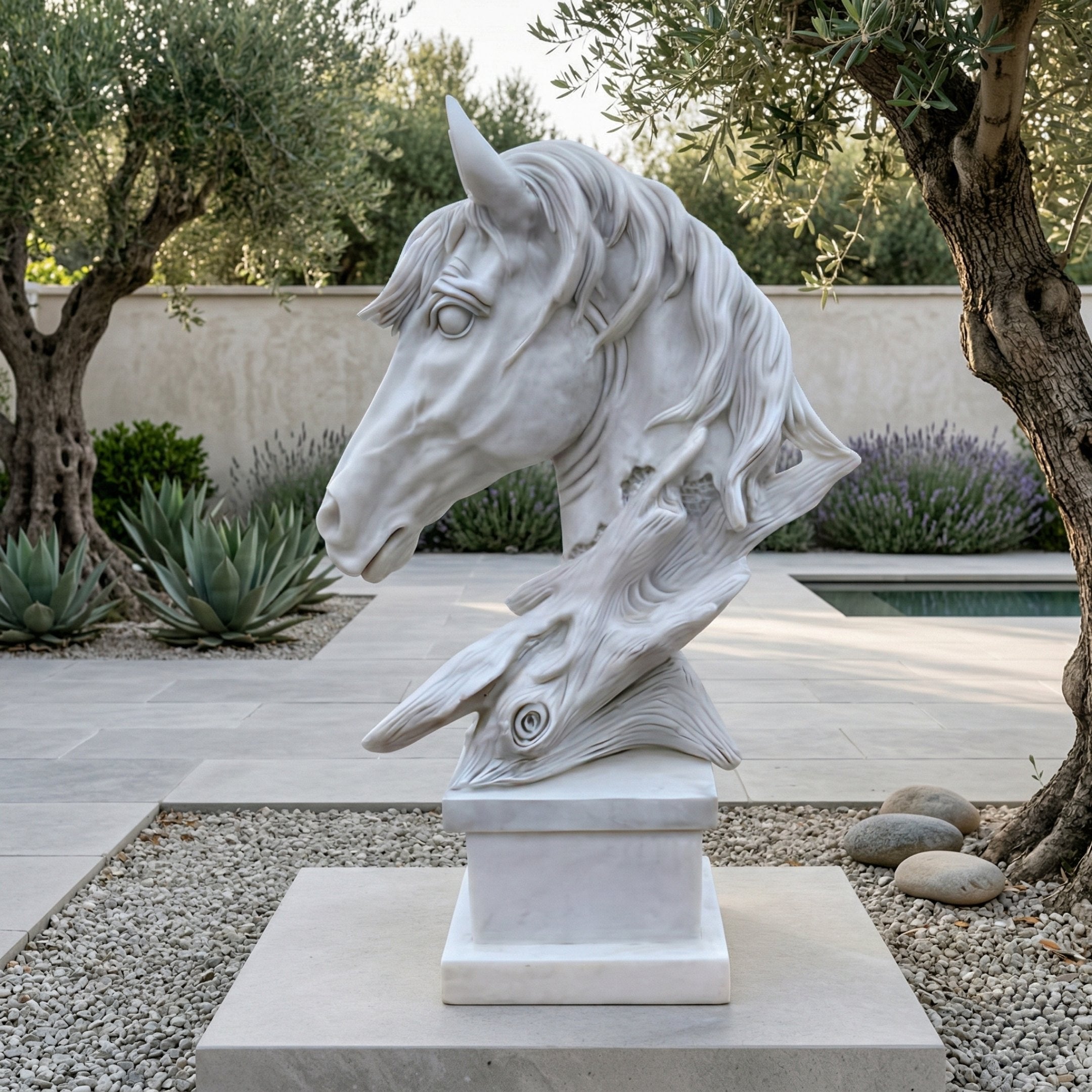 The Dynamic Horse Head Marble Outdoor Sculpture - 100cm by Giant Sculptures features a striking horse and dolphin head design, displayed on a pedestal amid modern landscaping with trees, succulents, and gravel.