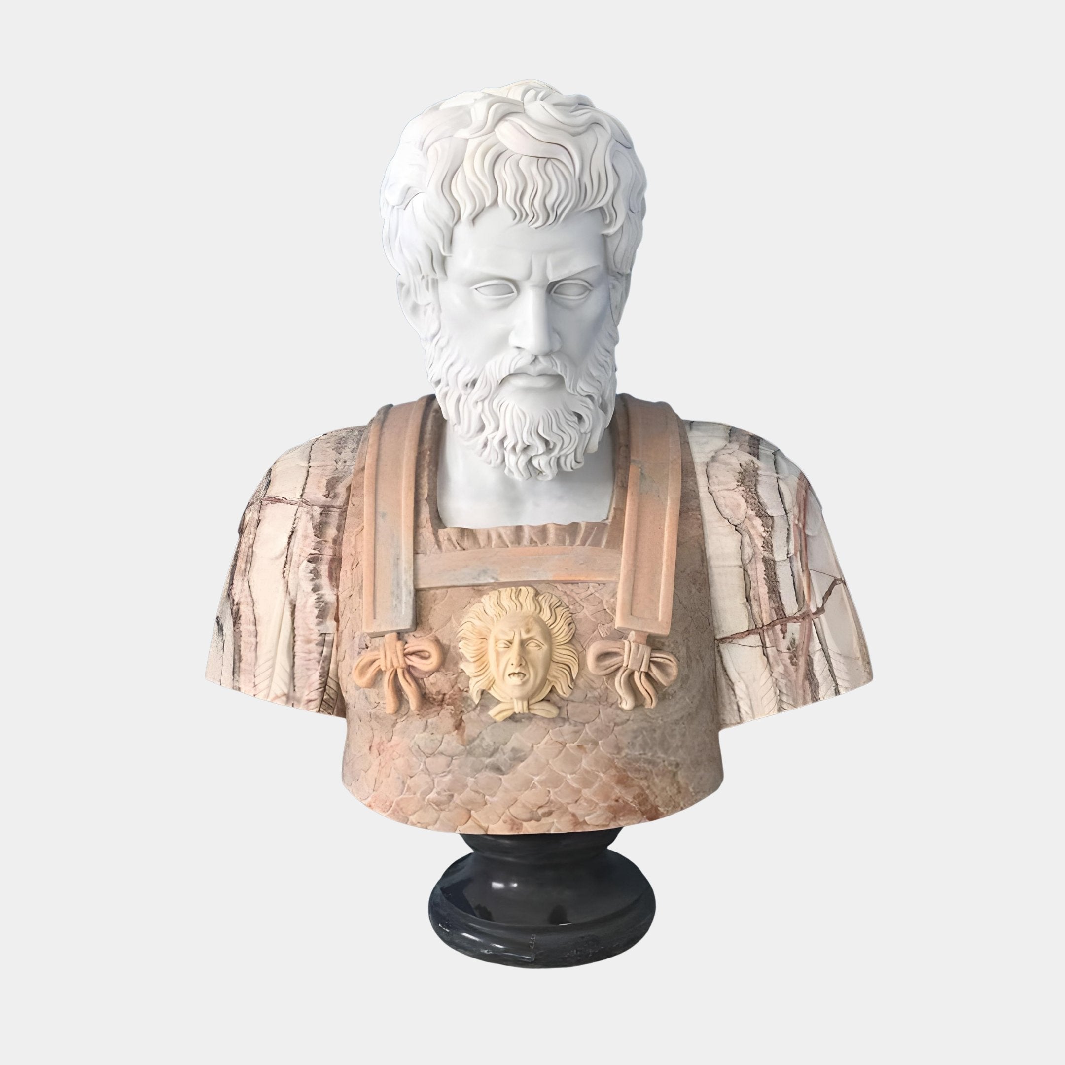 The Marcus Aurelius Marble Bust Sculpture (75cm) by Giant Sculptures depicts a bearded man in ornate armor with a Medusa emblem, showcasing Roman portraiture. Displayed on a black pedestal against a plain background.