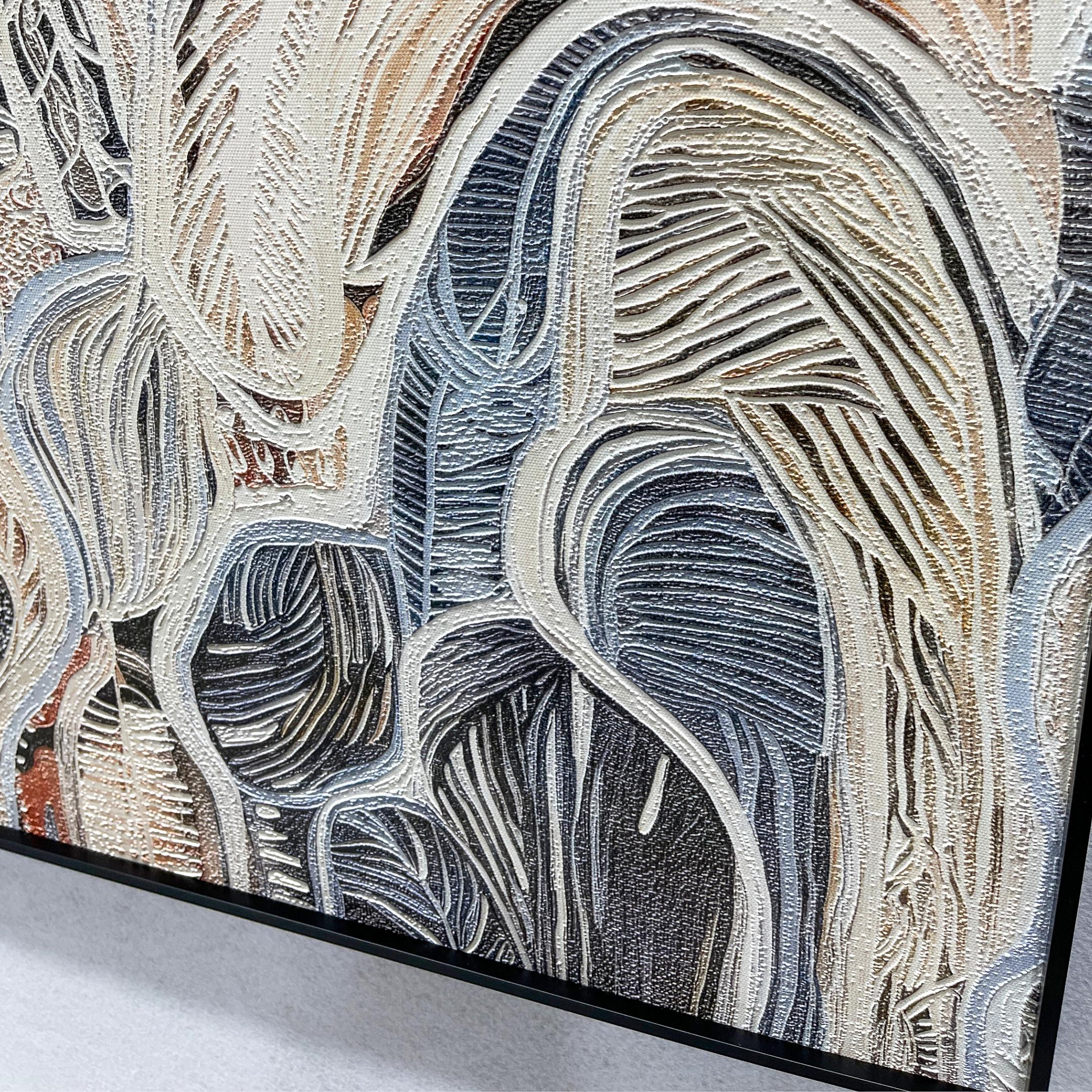 Close-up angled view of the Aurista Botanical Flow Abstract Cotton Spray Wall Art showing raised beige, white, and blue leaf forms over a metallic gold ground.
