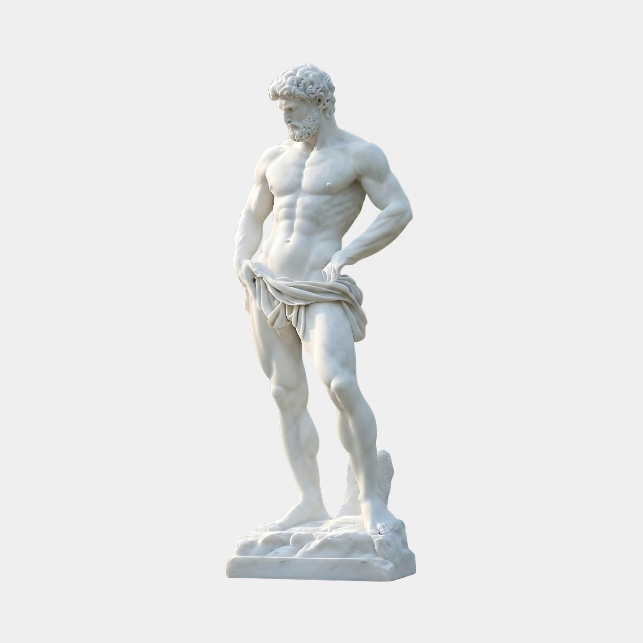 David Marble Sculpture 180cm by Giant Sculptures, a life-size white marble figure of the bearded hero with draped cloth at the hips, shown on a plain light background.