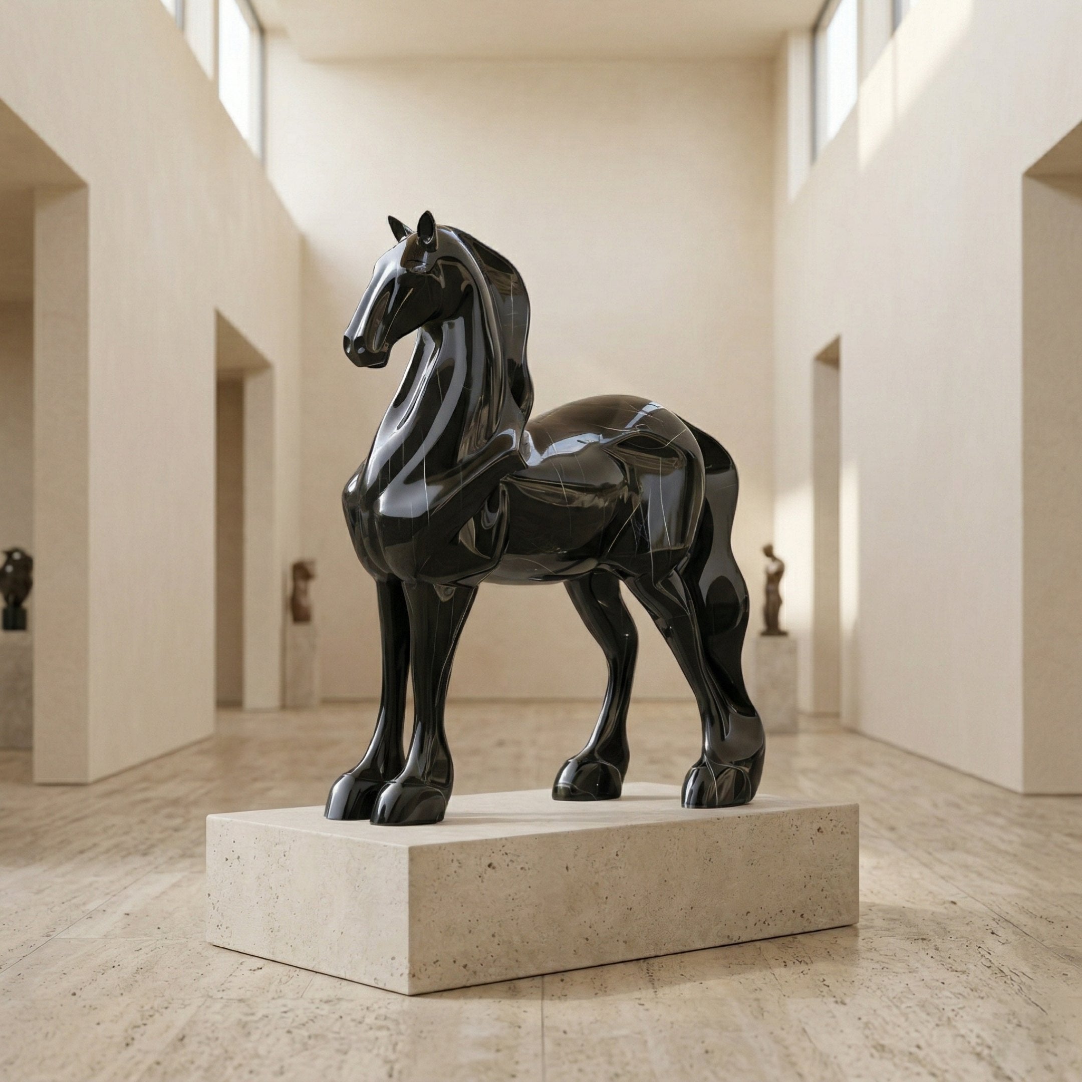 The Sculpted Horse Black Marble Outdoor Sculpture (200cm) by Giant Sculptures stands on a stone pedestal in a spacious, well-lit museum gallery with high ceilings and large windows.