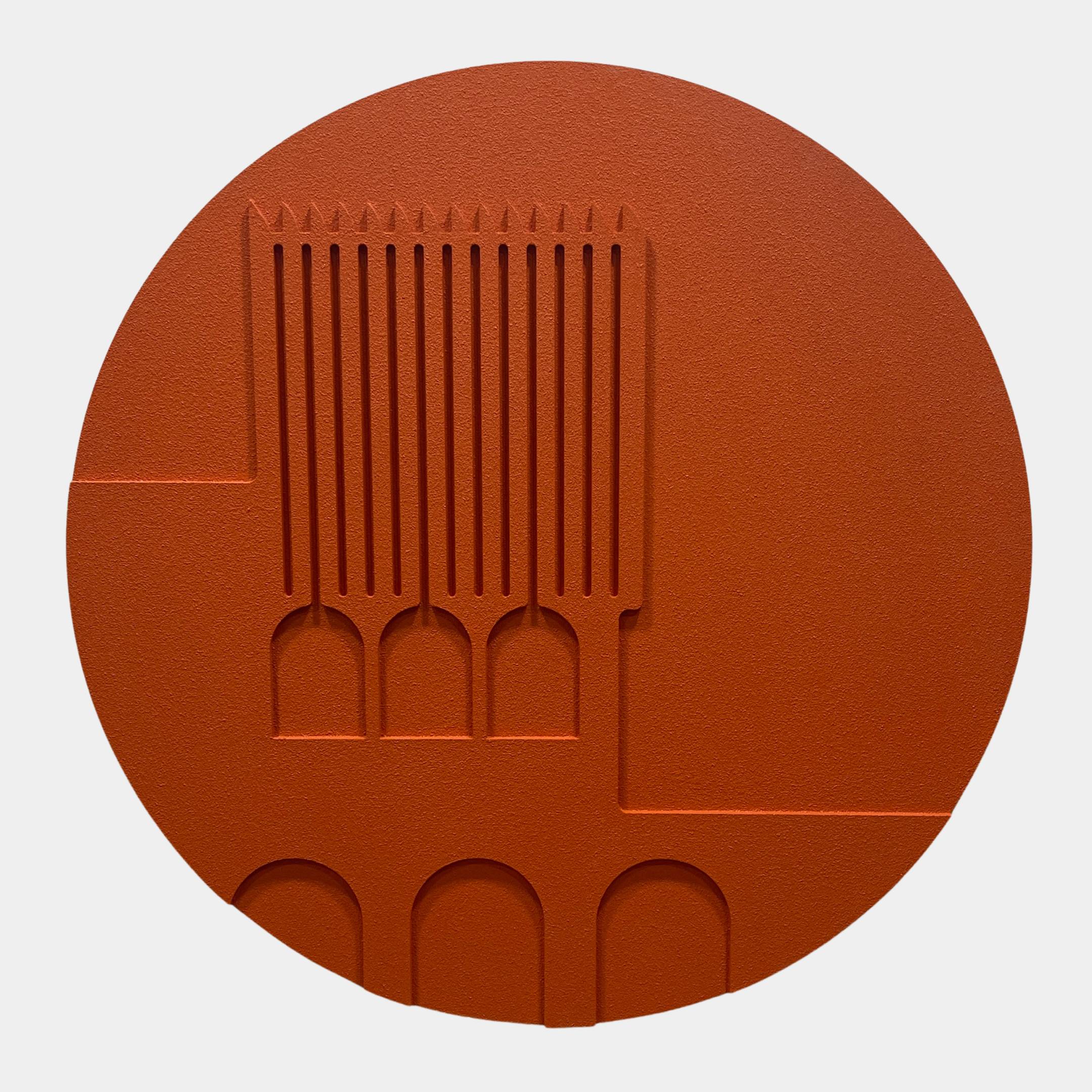 Arcuza Terracotta I Wood Carving Sandstone 3D Wall Art by Giant Sculptures, a round piece with carved vertical fluted slats and recessed archways in matte terracotta.