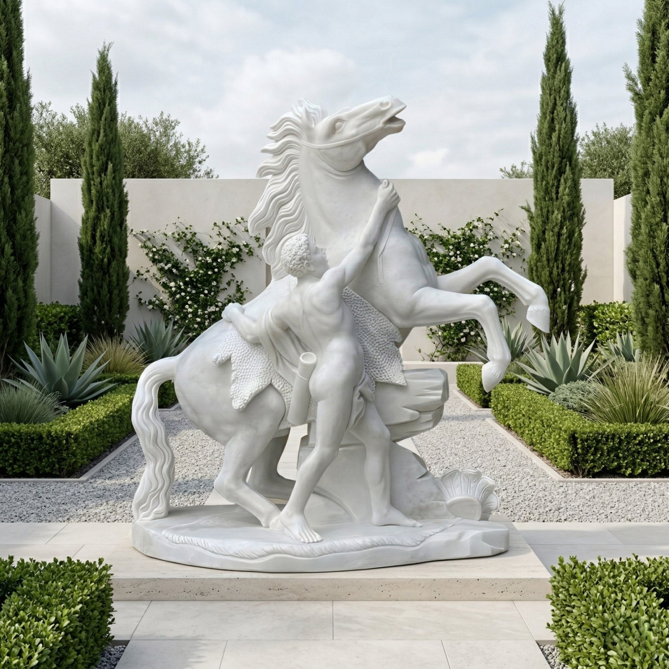 The Tamed Stallion Horse Marble Outdoor Sculpture by Giant Sculptures (260cm) features a hand-carved white marble figure restraining a rearing horse in a manicured garden with cypress trees, stone walkway, and blue sky.