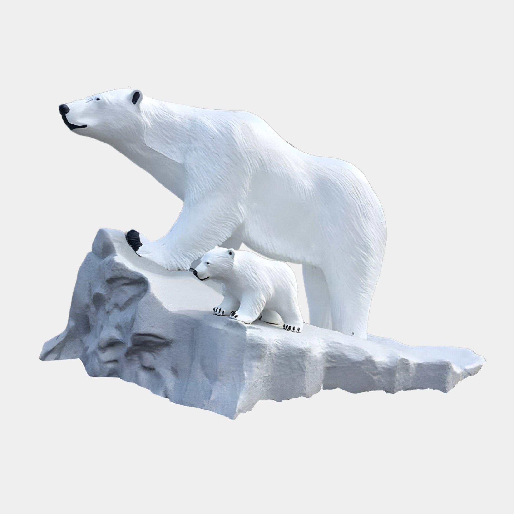 The Polar Bear Family White Marble Outdoor Sculptures by Giant Sculptures feature a nature-inspired design with a protective adult bear towering over its cub on a rocky surface. Crafted from white marble, these sculptures stand 180cm tall and are beautifully showcased against a plain white background.